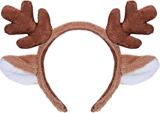 JIEYAO Christmas Reindeer Antlers Headband, Cute Xmas Deer Ear Head Accessories,Cosplay Reindeer Costume Animal Ears Headband Fluffy Realistic Deer Antlers Headband for Christmas Party Favors (Brown)