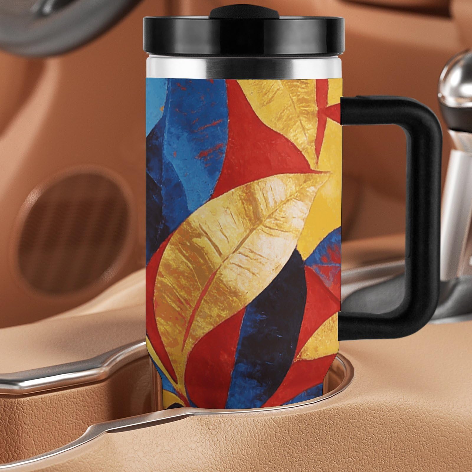 Tazza da caffè da viaggio con foglie astratte in acciaio inossidabile, tazza da caffè con coperchio e cannuccia, tazza con manico, grande capacità, doppia parete, sottovuoto, a prova di