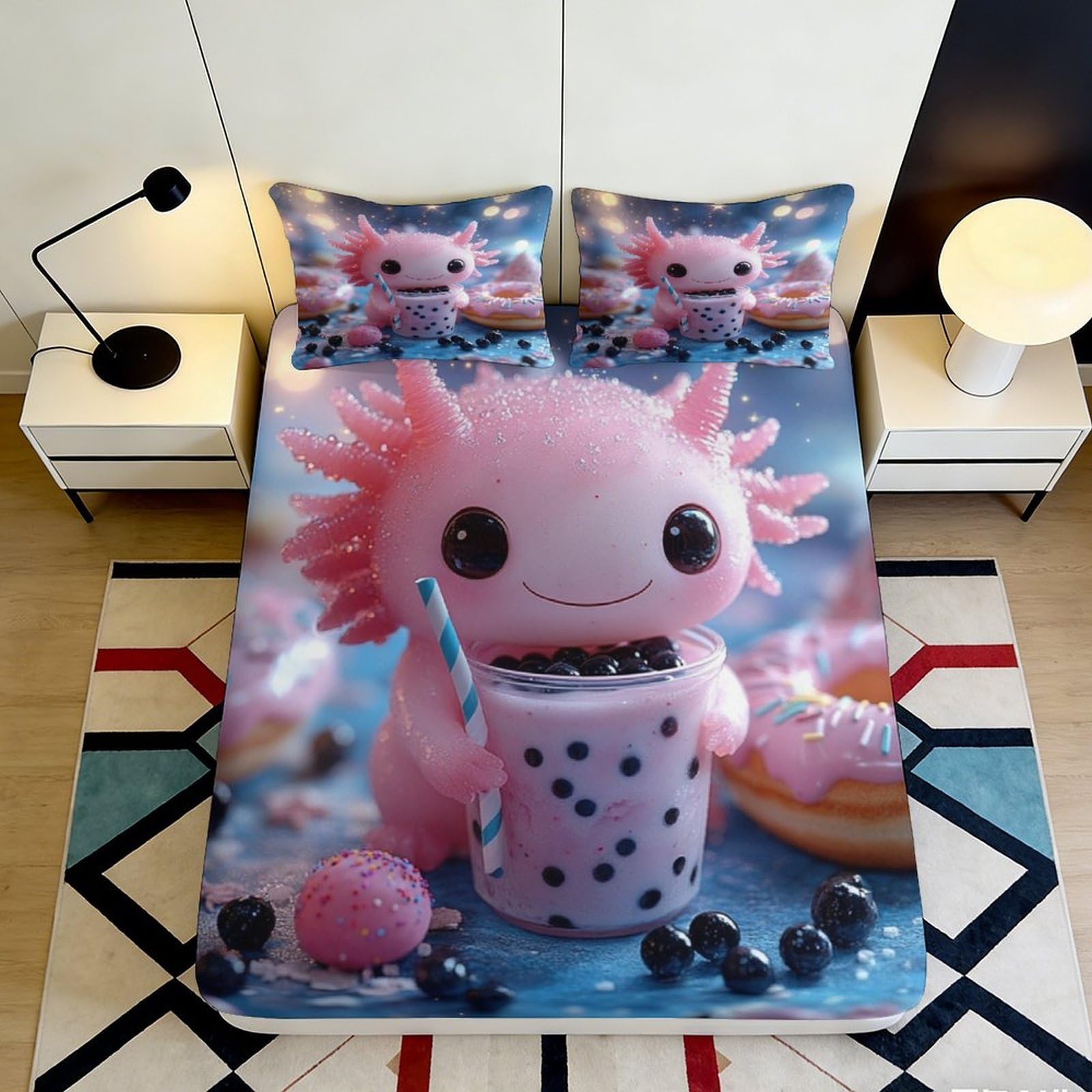 3D Printed Cute Axolotl Fitted Sheet Microfiber Soft Pink Cartoon Bubble Tea Bed Cover for Bedroom Dorm Mattress Decor 90x200x25cm