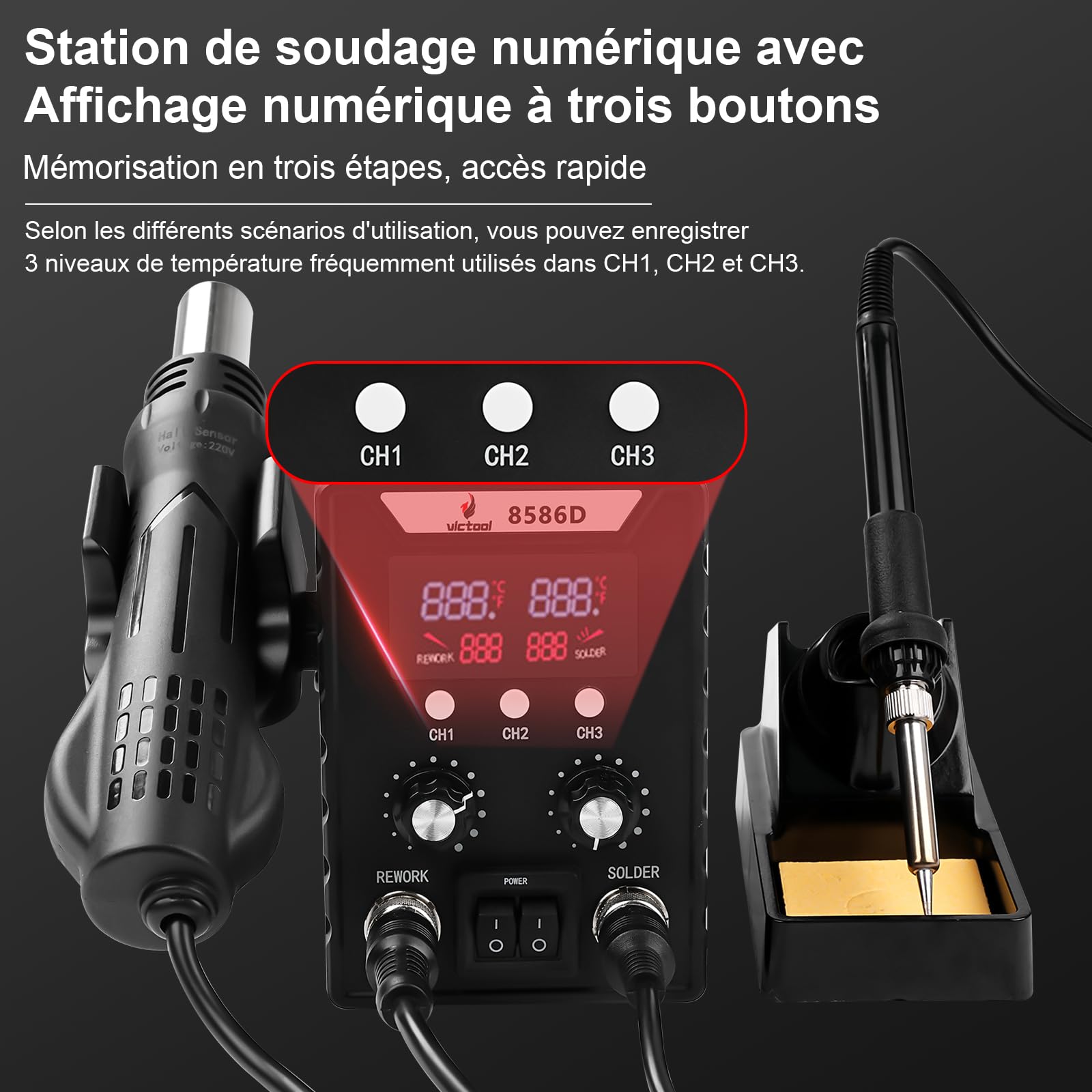 2 en 1 Ensemble de 760W Station de Soudage, Affichage Numérique 180-500 °C Fer À Souder + Pistolet À Air Chaud 8586D, Outil de Dessoudage, pour La Réparation D'Appareils Électroniques Domestiques