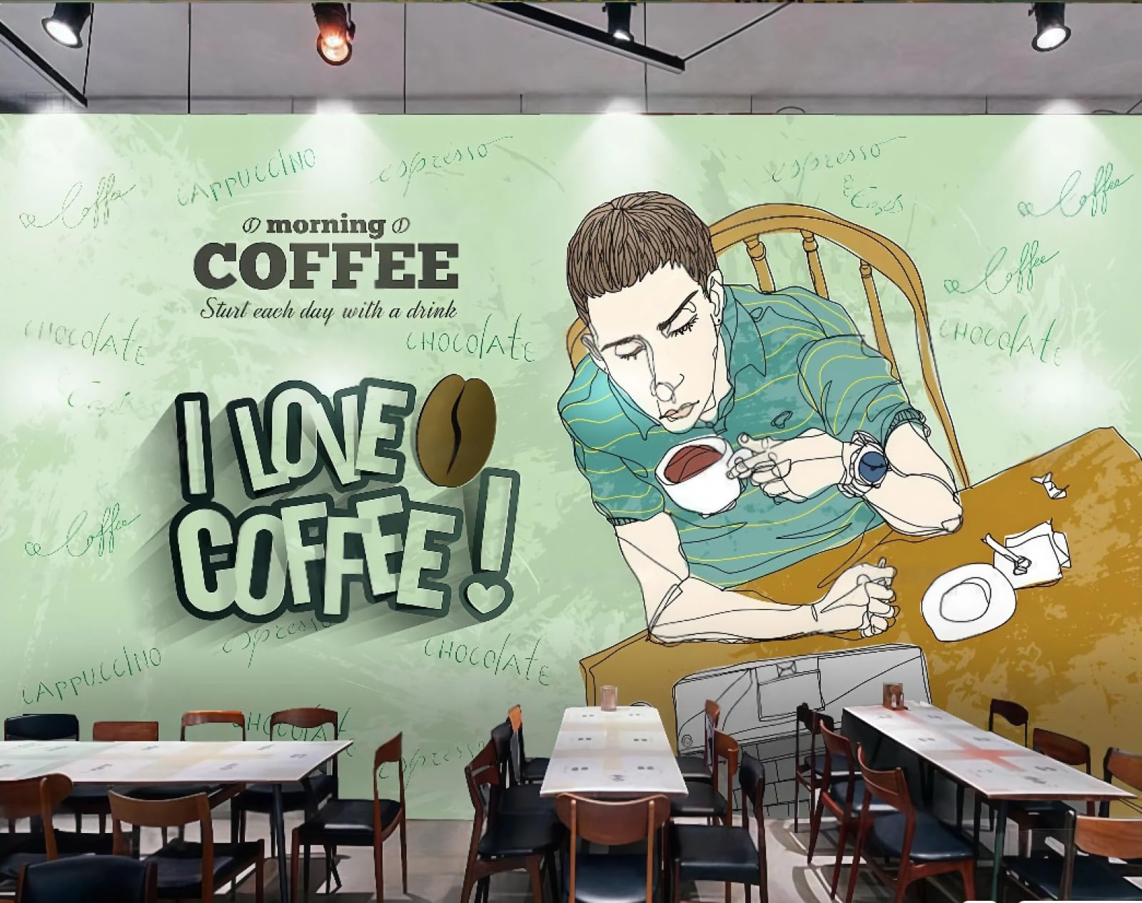 XDOUBAO Wallpaper Fashion Hand-Painted English Letters Cartoon Coffee Series Beverage Shop Afternoon Tea Western Restaurant Background Wall Wallpaper Coffee Shop Mural,3D,300x210cm
