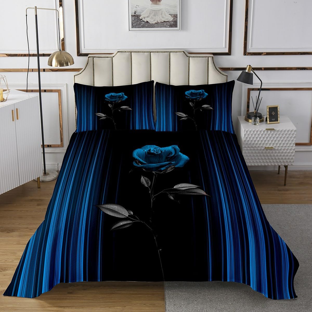 Feelyou Abstract Ombre Bedspread King Size Kids Romantic Rose Quilted Coverlet for Boys Girls Teens Black Blue Coverlet Set Geometric Striped Quilted Room Decor Quilt Set