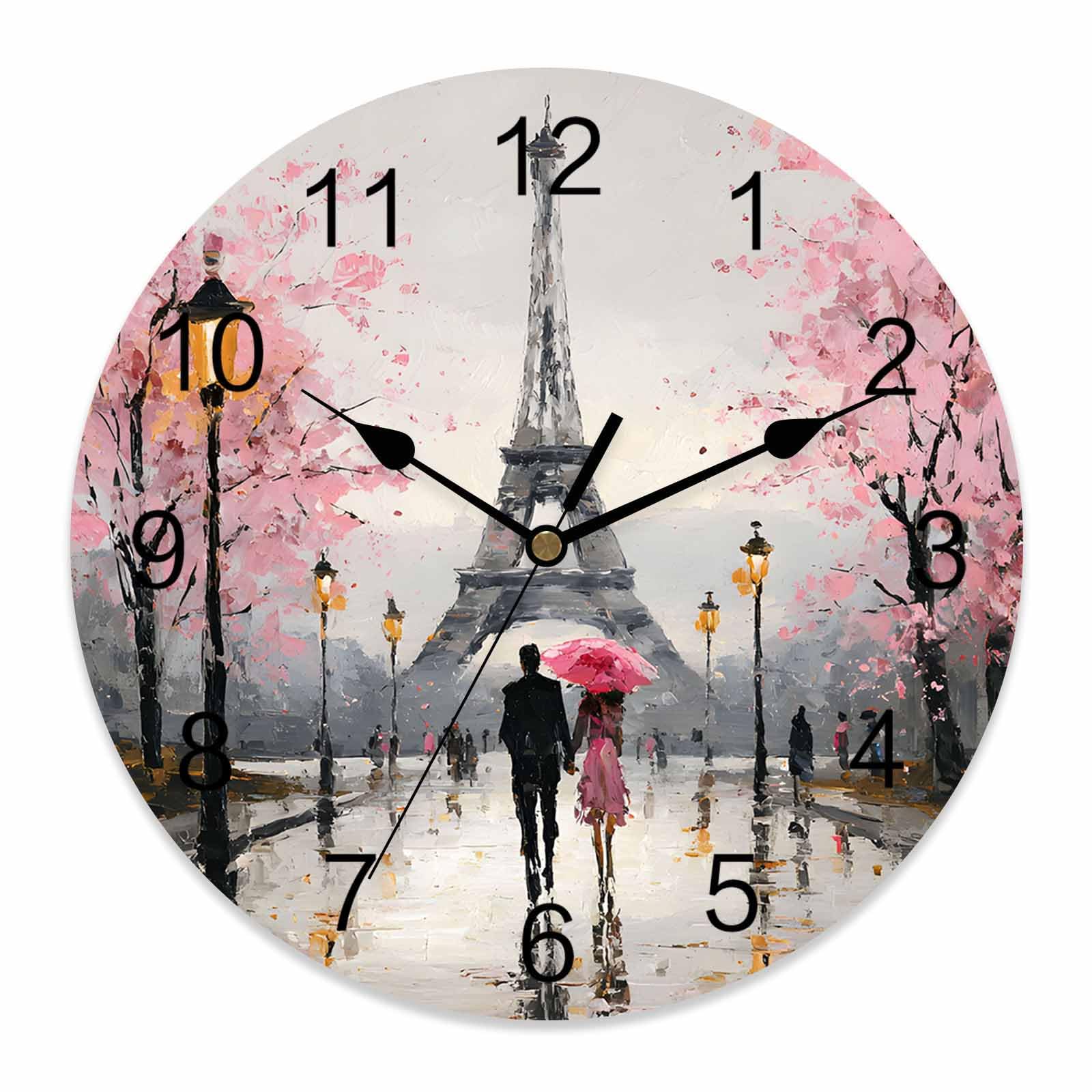 Ensound Valentine's Day Wall Clock Romantic Couple Clocks Wooden Silent Non-Ticking Battery Operated Pink Forest Rainy Days Eiffel Tower Round Clock for Home Living Room Kitchen Bedroom 12 Inch