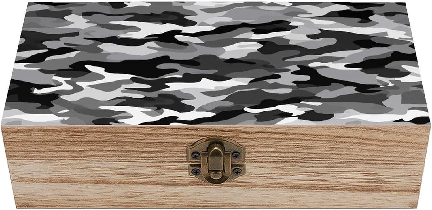 Black Grey White Camo Storage Chests with Lid, Wooden Box | Wooden Jewelry Box-Organizer-Vintage Latch,Durable,Storage Chest for Memories,Crafts,Jewelry& Photos