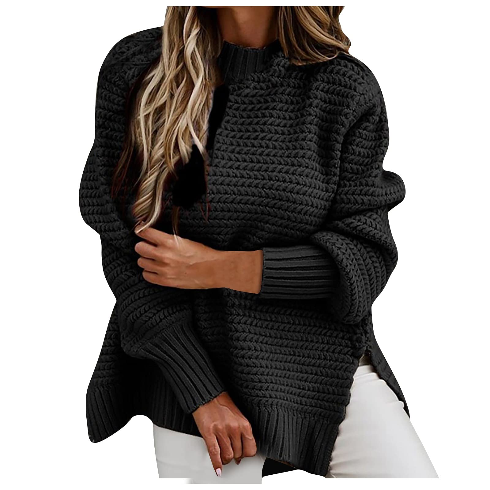 Turtleneck Sweater Women Fall Winter Oversized Pullover Sweaters Trendy Split Hem Long Sleeve Cable Knit Jumper Tops