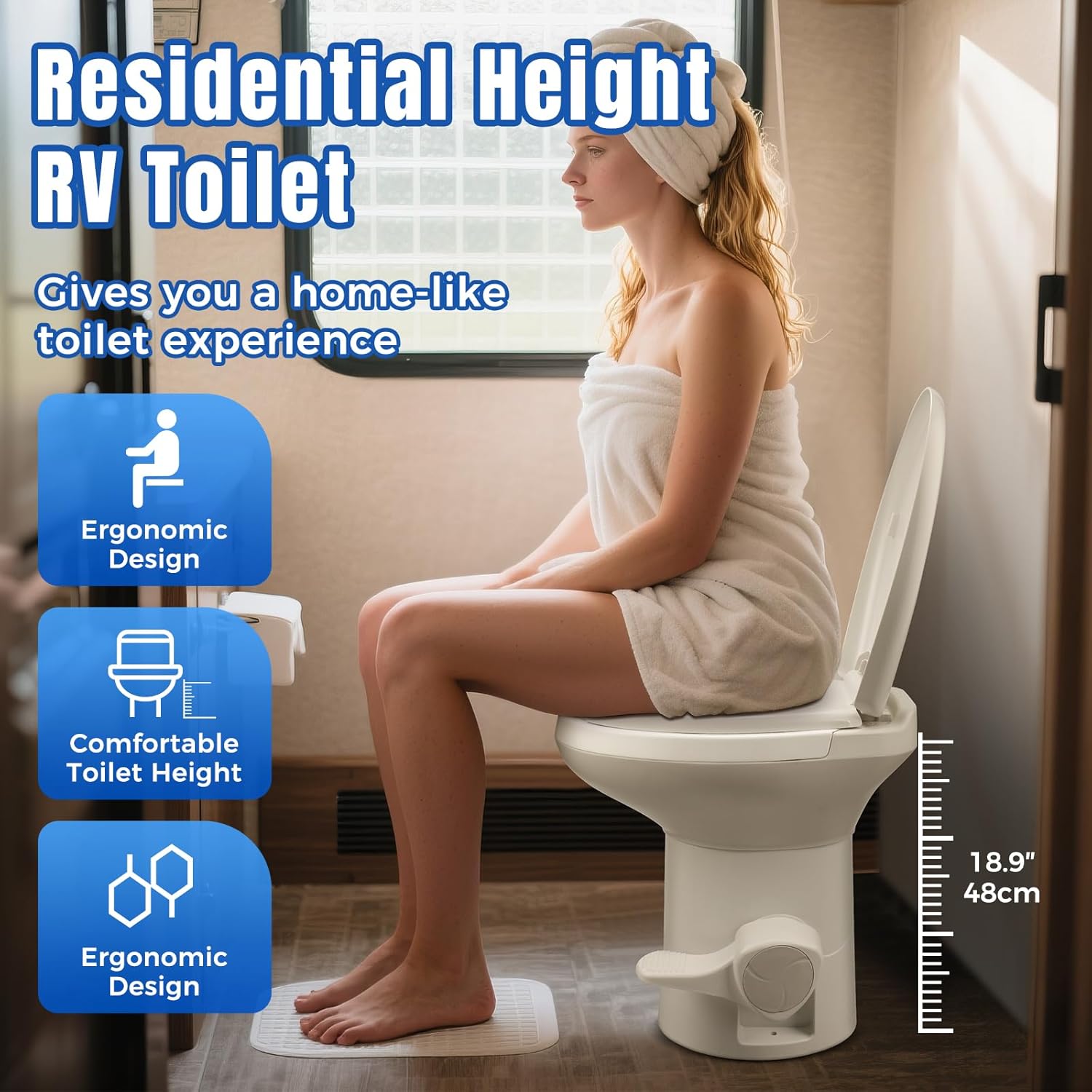 Efficient Gravity-Flush RV Toilet with Quiet-Close, Triple-Jet Flush with Adjustable Water Level, Standard Height and Foot Pedal for RVs, Trailers, and Campers