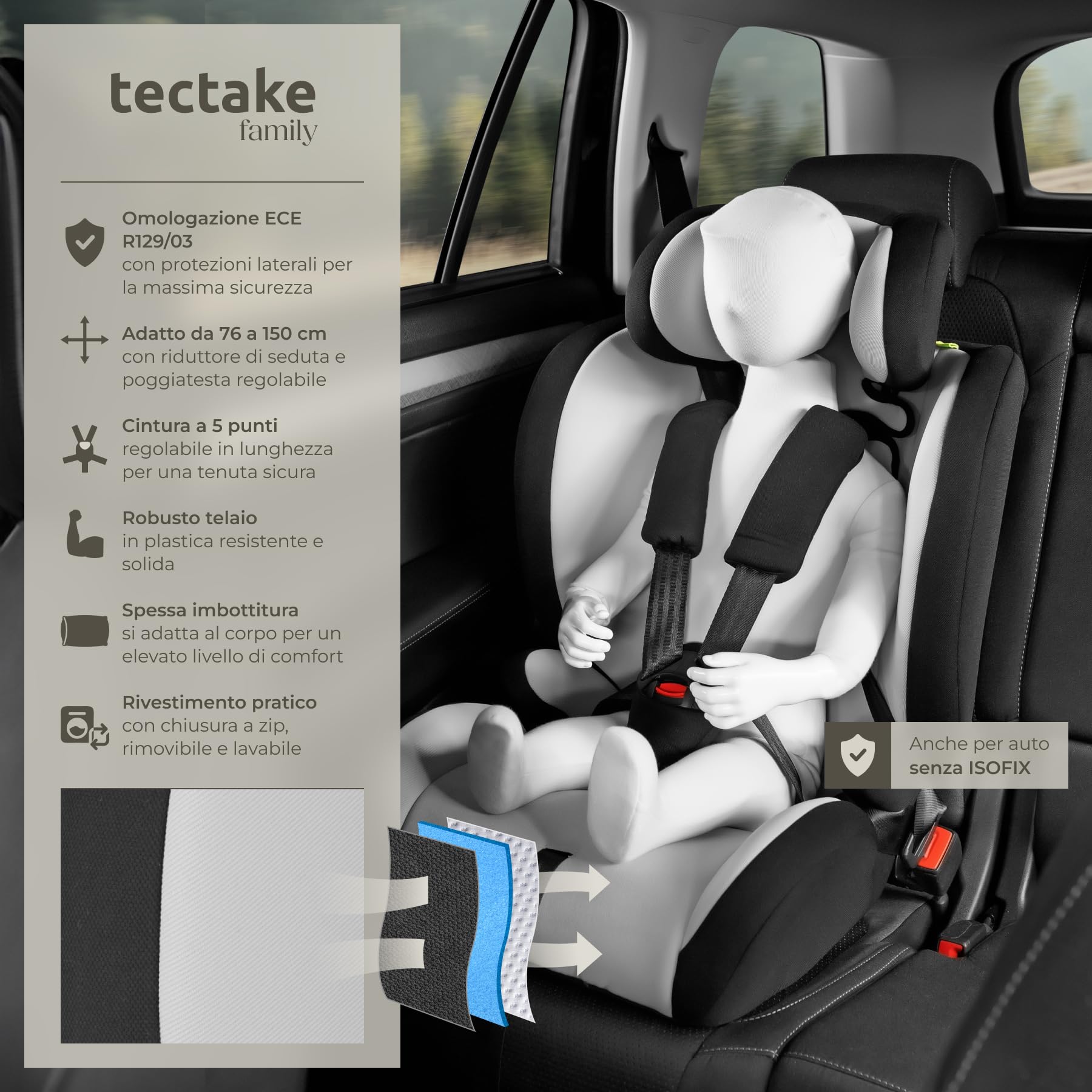 tectake® Seggiolino Auto i-Size con Protezione Impatti Laterali, Poggiatesta Regolabile, Seggiolone Auto Bambino da 15 Mesi a 12 Anni, Omologato ECE R129/03 - Grigio Chiaro/Nero