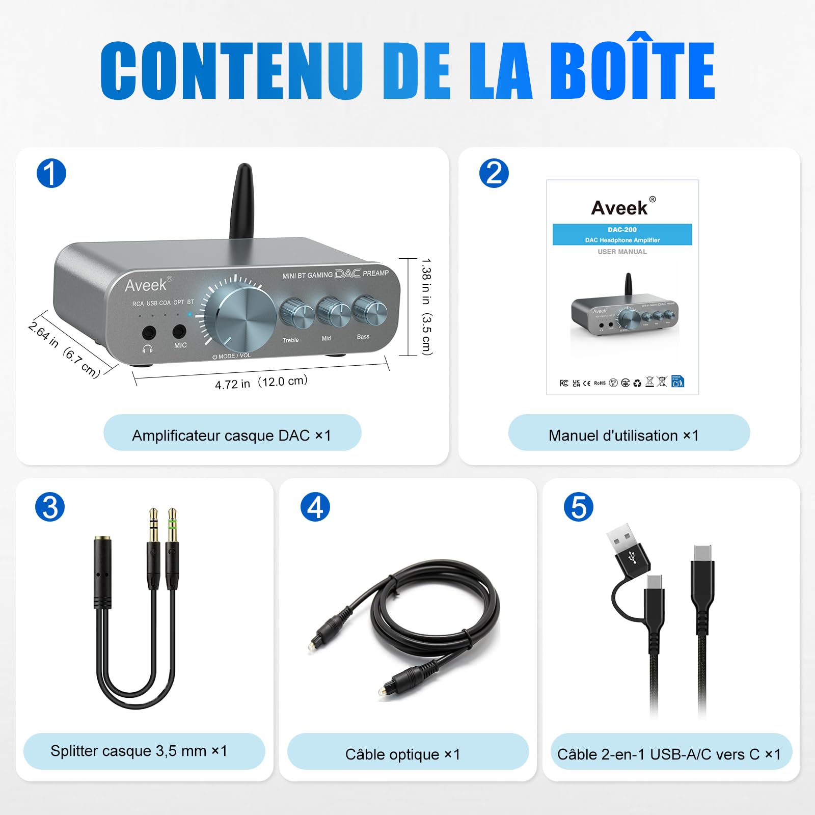 Aveek DAC Amplificateur Casque Bluetooth 6.0 24bit/96kHz pour PS5 PC TV