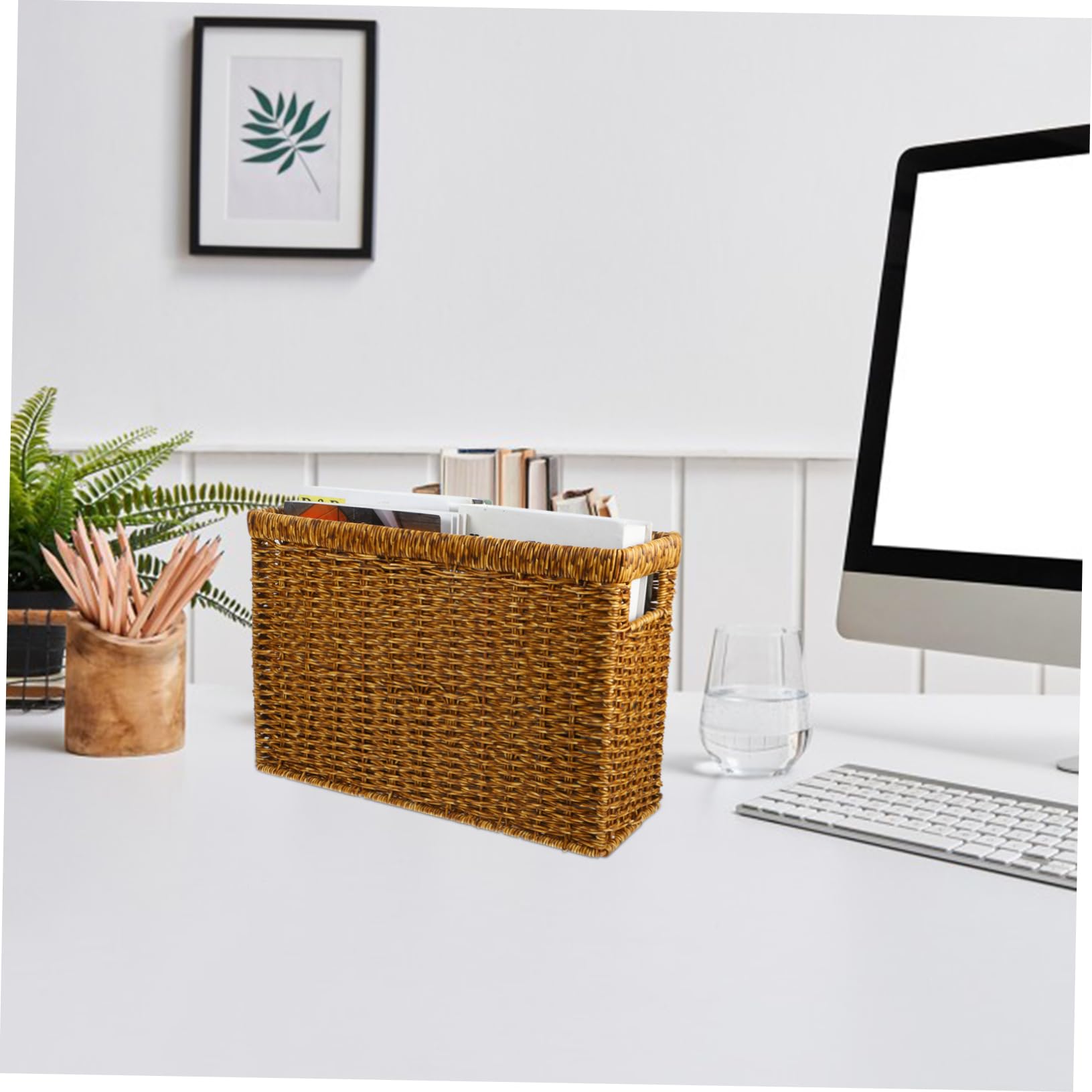 Cabilock Cesta con Asa Tejida Resistente de Ratán Plástico de Almacenamiento Organizador Multiusos y Fácil de Transportar de Estilo Simple y Elegante para Escritorio