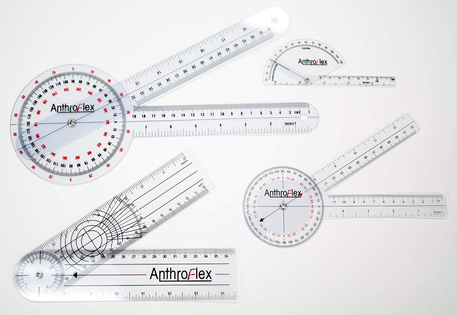 AnthroFlex Goniometer Set of 4: 12", 8", Finger, Spinal - to Measure Range of Motion of Joints for Physical Therapy and Occupational Therapy - CM and Inches, Made of Durable Plastic