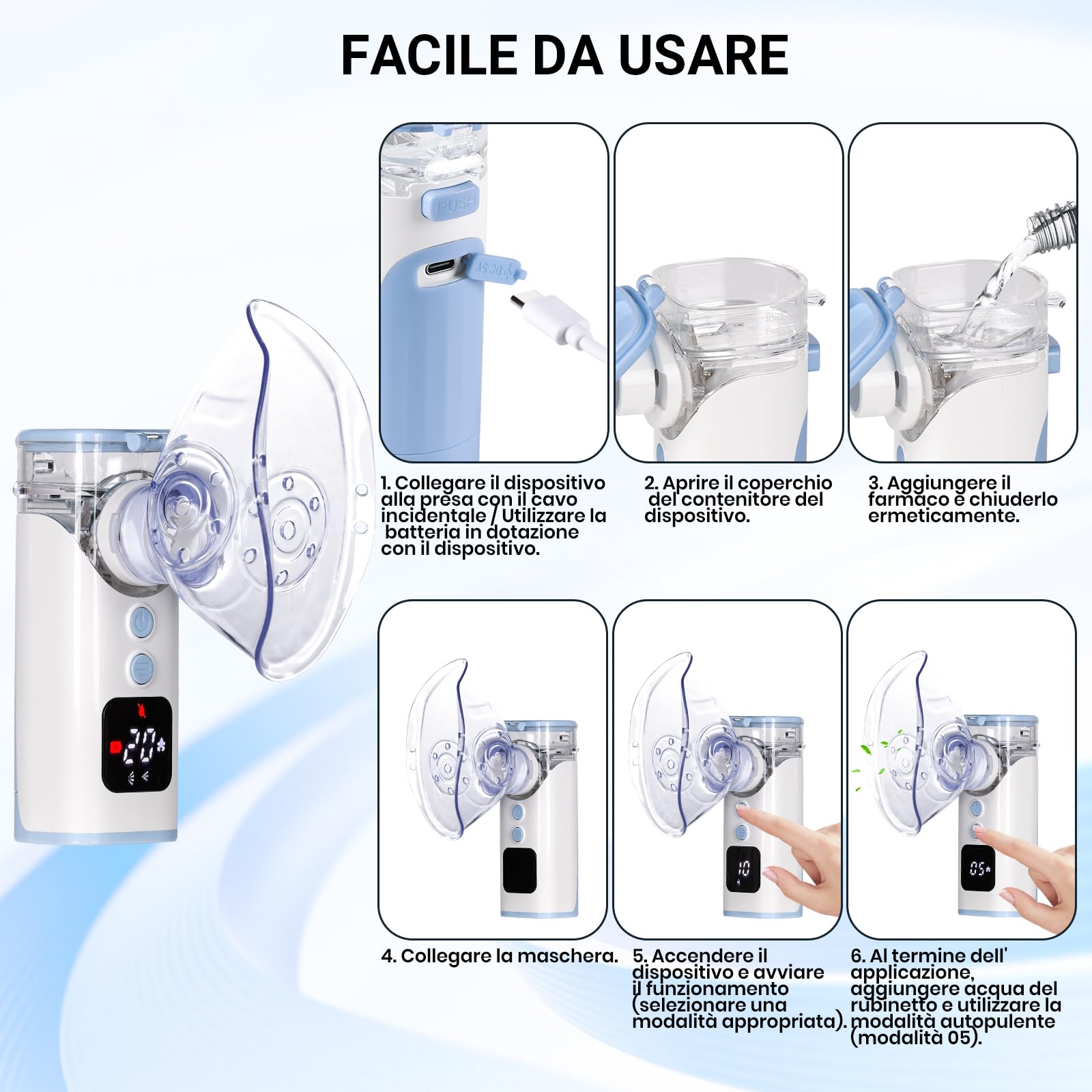 HITHINKMED Aerosol Portatile Silenzioso, Macchina Aerosol Ultrasuoni Adulti e Bambini, Ricaricabile E USB-C con Display Digitale e Funzione di Pulizia Automatica Inalatore (Blu)