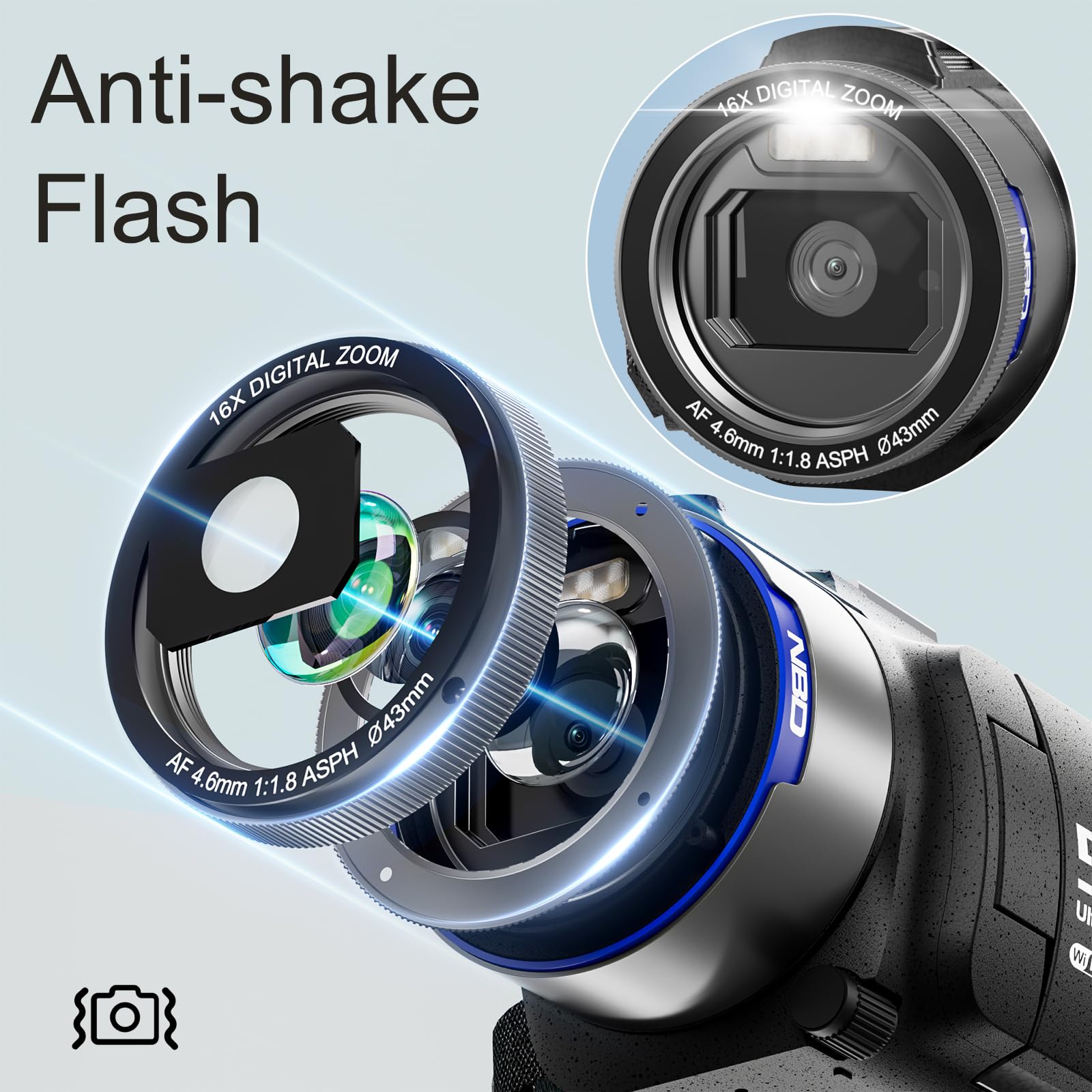 Videocamera 5K 48MP Videocamera Videocamera 16X Zoom Digitale Vlogging Registratore per Youtube Anti-shake con 3 pollici 270 ° IPS Screen WI-FI Video Recorder Cam Corder con 2 Batterie, 32GB TF Card