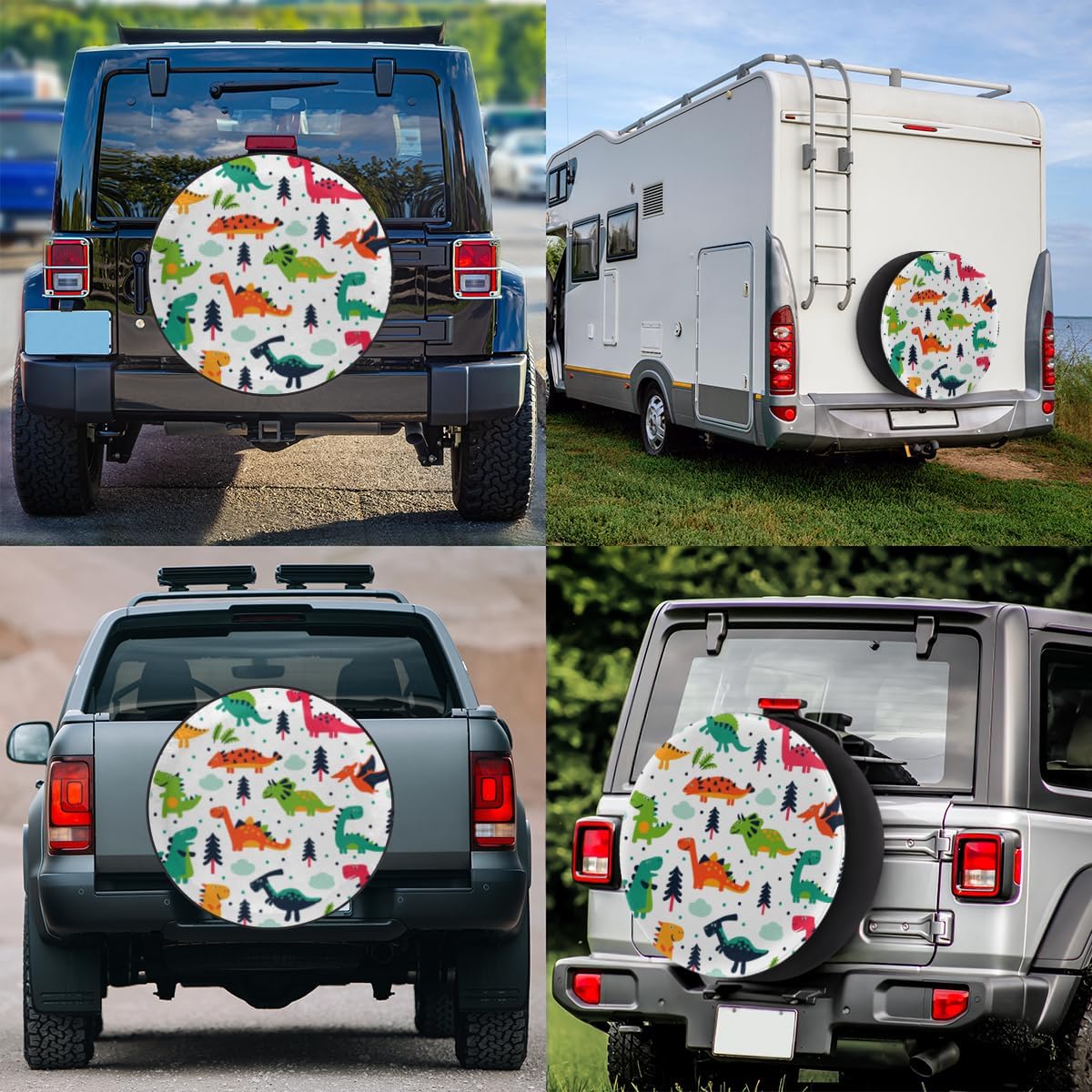 Dinosaurs Cartoon Tire Covers Portable Spare Tire Cover Soft Durable Waterproof Dustproof Set of 4 Bags 16 Inches for Car Truck SUV Trailer Camper