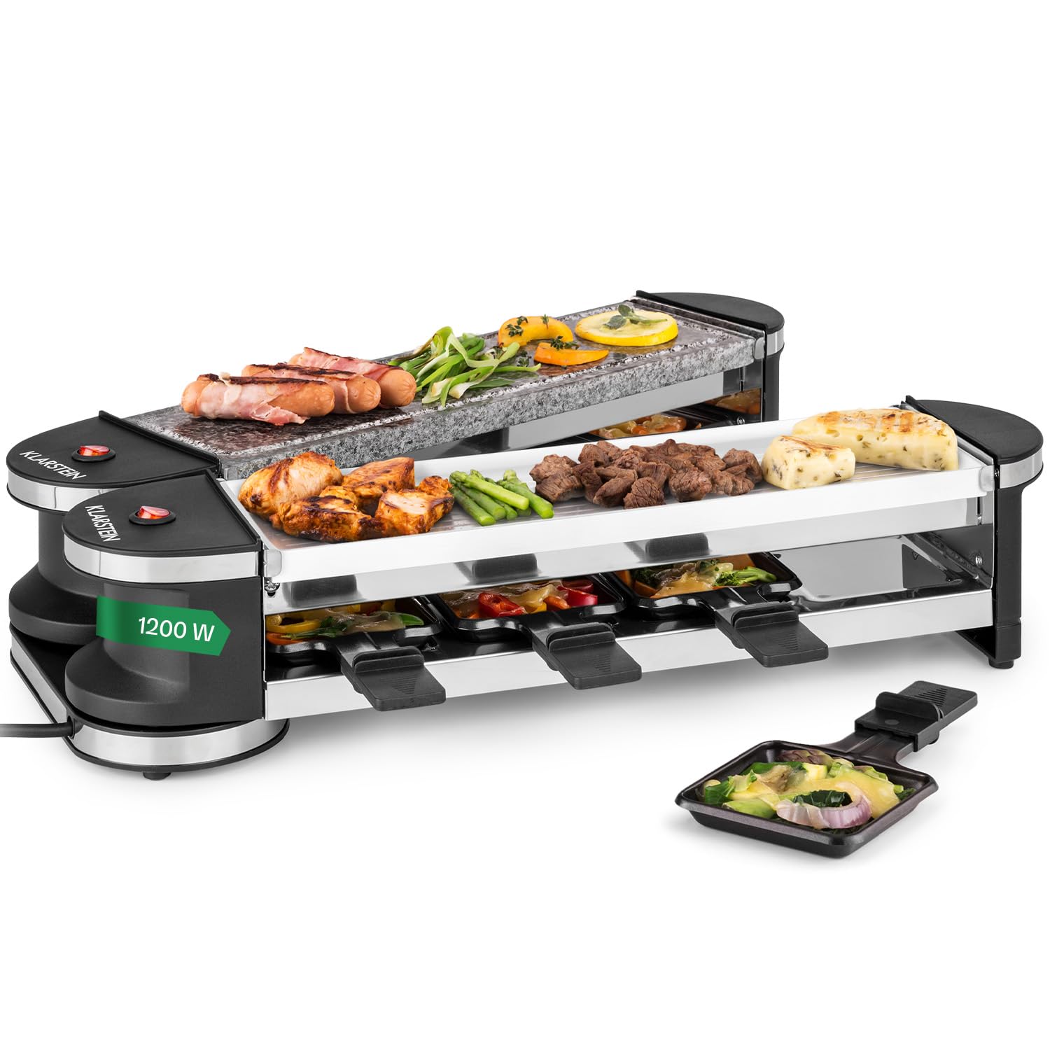 Verwöhne Dich mit Zartschmelzendem, Köstlichem Käse, Klarstein Raclette-Tischgrill mit 2 Grillflächen, 8 Pfännchen und Schaber, 1200 W Raclette-Grill