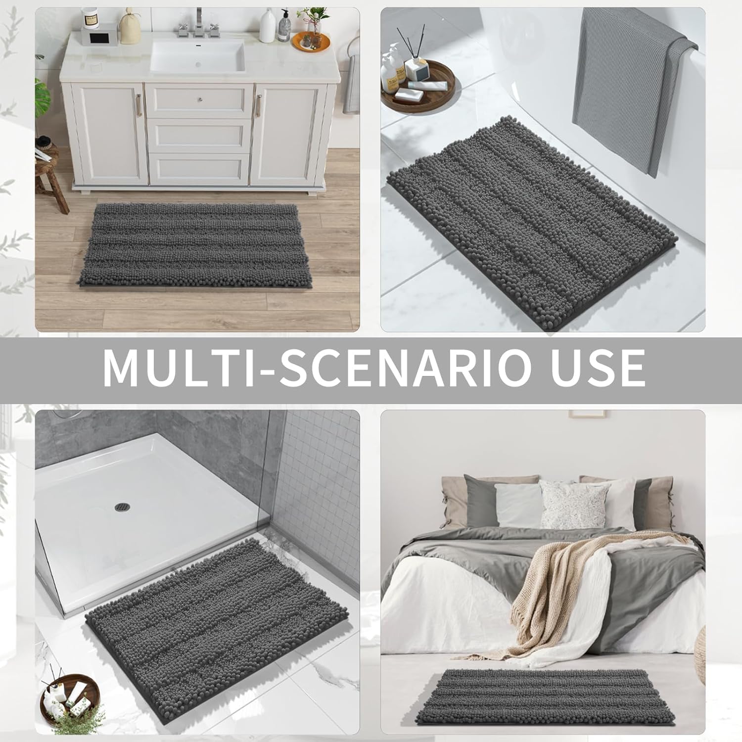 Yimobra Bathroom Rug Set 2 Piece, Soft Absorbent Chenille Bath Mat Set, Non Slip Machine Washable Quick Dry, Plush Shower Rugs for Bathroom Floor Sink Tub, 32"x20"+24"x17", Dark Gray