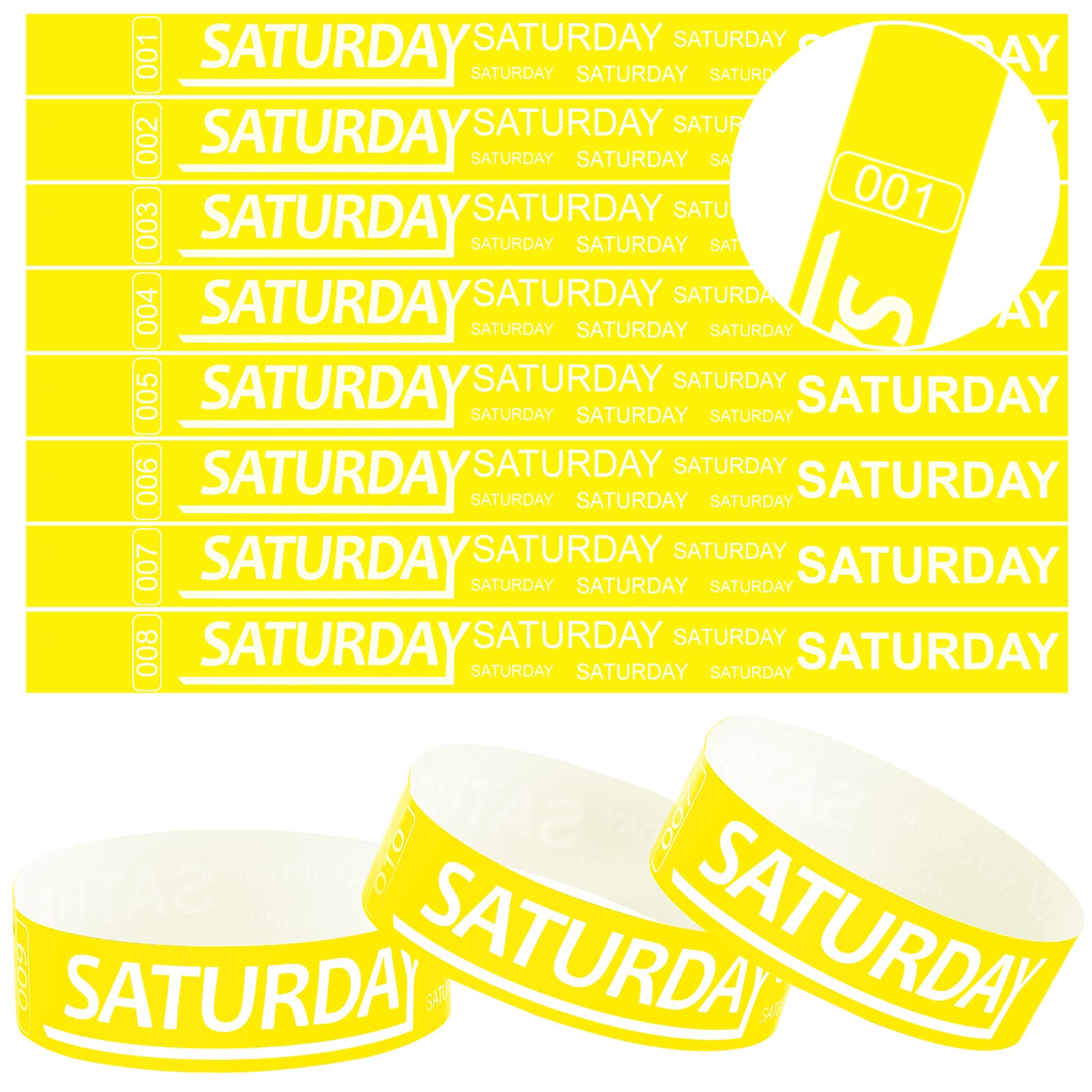Henoyso 600 Pcs Saturday Paper Wristbands Event Admission Paper Bracelets Numbered Waterproof Party Armbands for Events Day of the Week(Yellow)