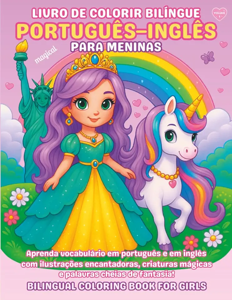 Livro de Colorir Bilíngue Português–Inglês para Meninas de 4 a 9 Anos | Aprenda Vocabulário em Português e em Inglês com Unicórnios, Princesas, Sereias e Muito Mais