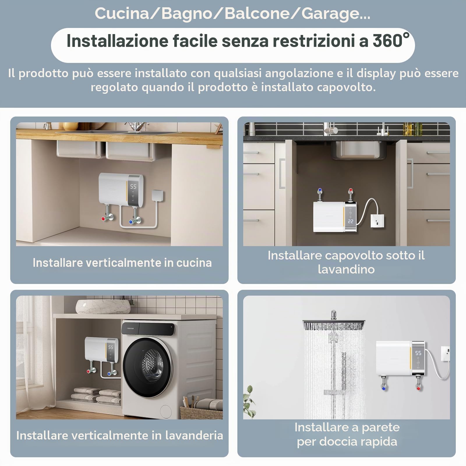 Scaldabagno elettronico da cucina, 220 V, 5500 W, mini scaldabagno senza serbatoio con indicatore di temperatura LED, elettrico istantaneo, piccolo scaldabagno (bianco)