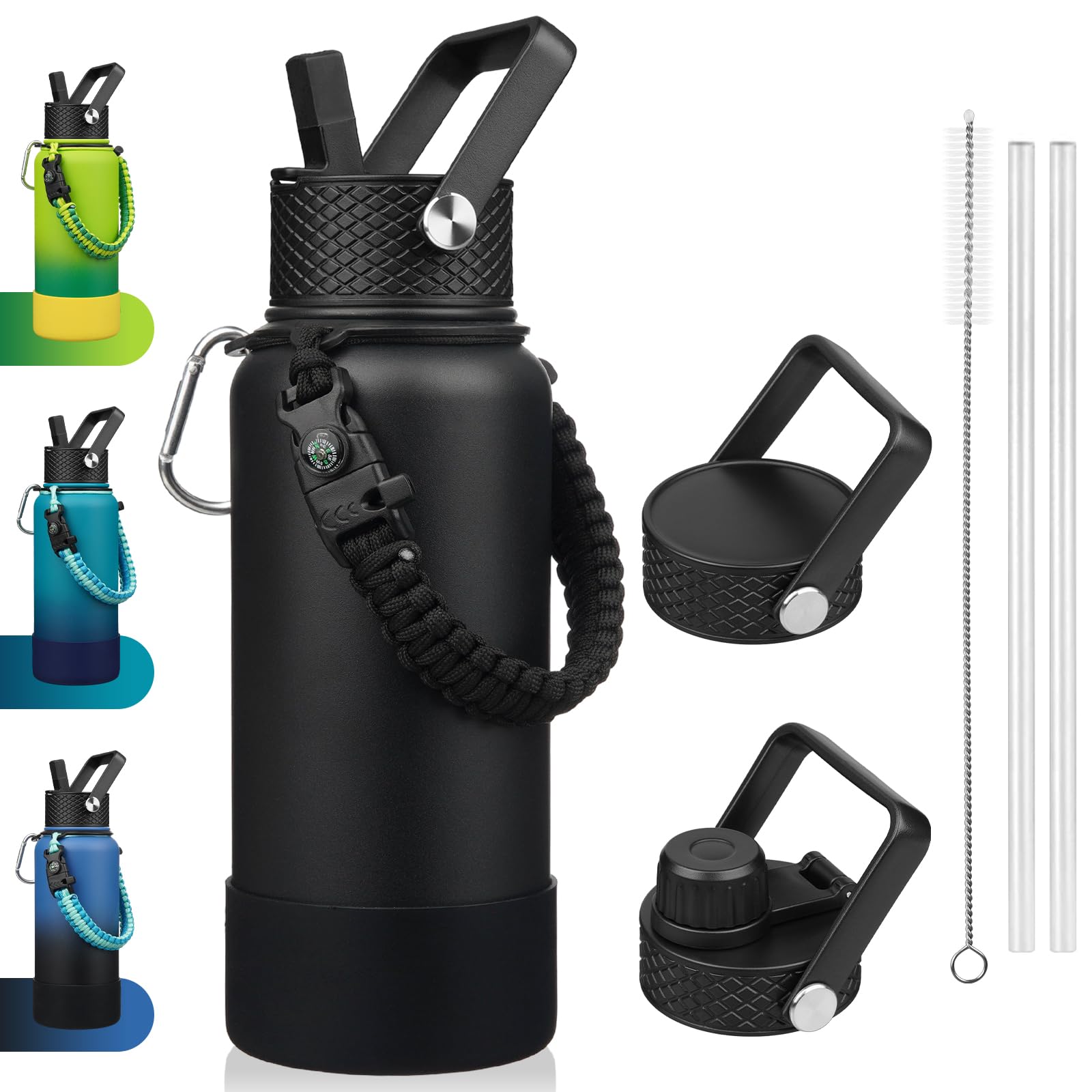 BJPKPK Botellas de agua aisladas de 32 onzas con 3 tapas, mango de paracaídas y funda antideslizante, botella de agua de metal de acero inoxidable, termo reutilizable sin BPA, vasos, color negro