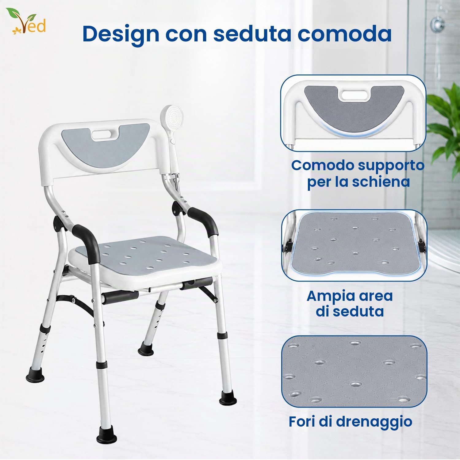 Sedia da doccia VED Stool, sedia da doccia pieghevole per vasca da bagno, sedile da bagno portatile con gambe in alluminio resistenti, regolabile con schienale per bagno.