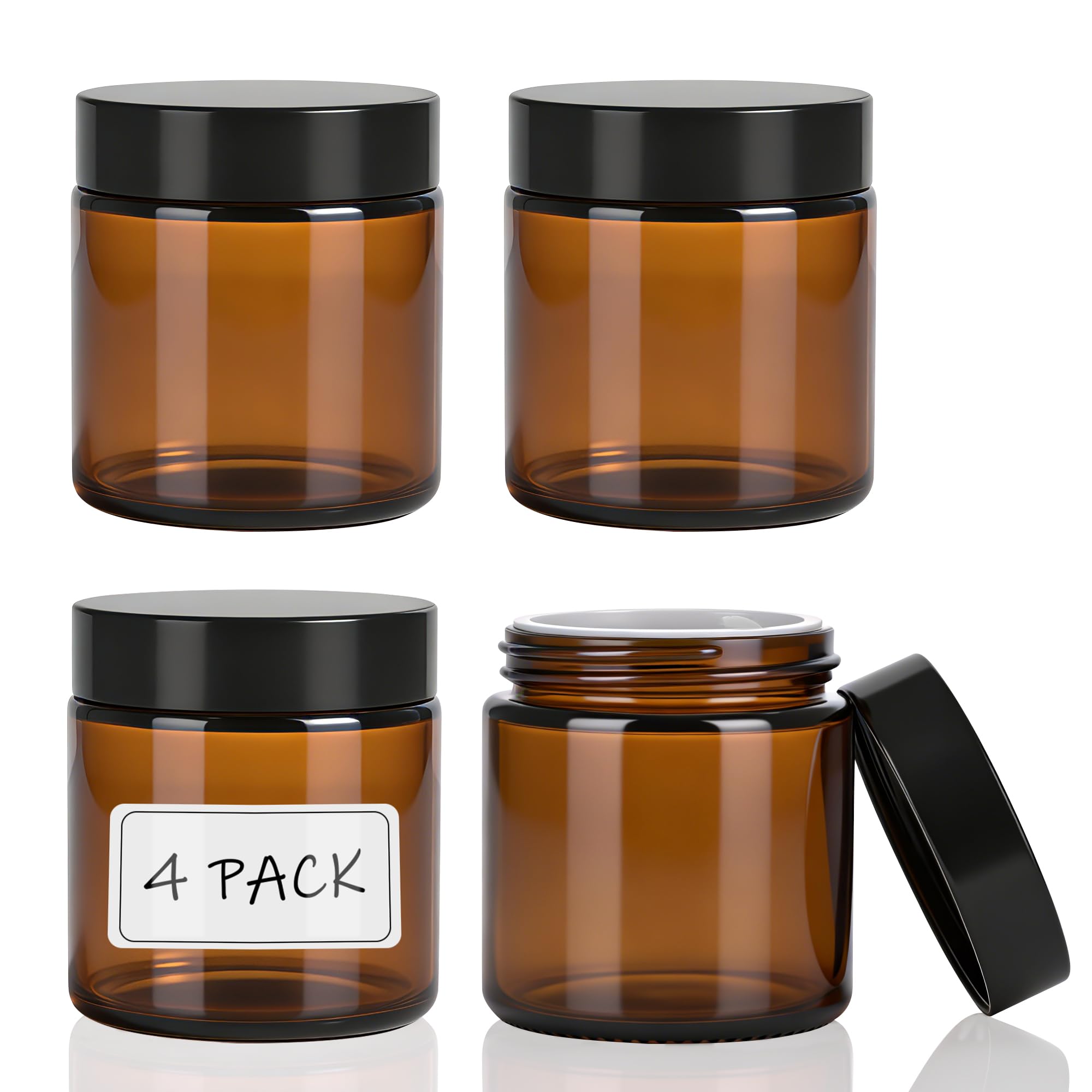 4oz Amber Glass Jars with Lids,Cosmetic Containers with Inner Liners for Creams, Lotions, Body Scrubs, Salve Jars,4 Pack - 1