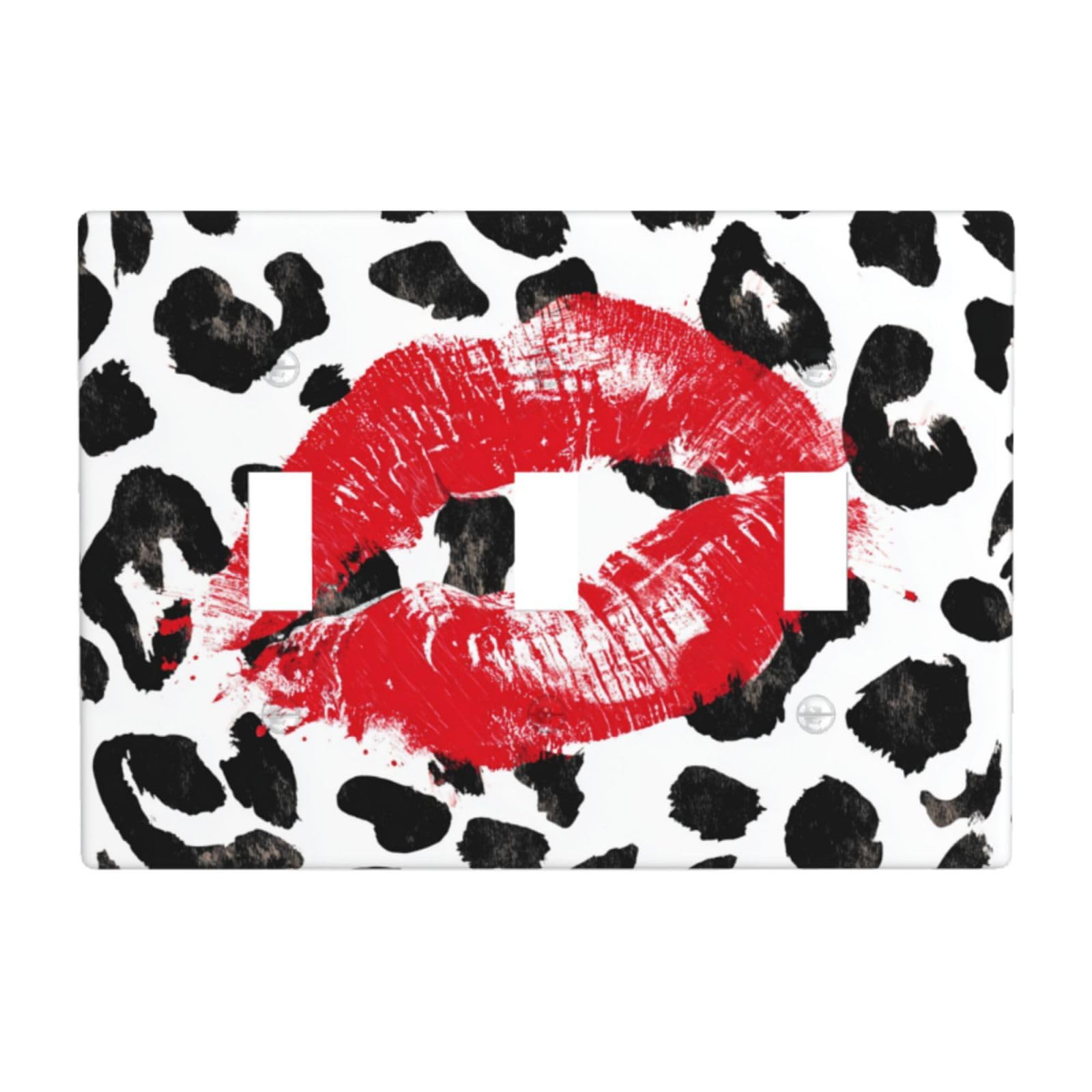 Red Lipstick Kiss Mark On Leopard Print Luxury Light Switch Covers 3 Gang Triple Toggle Wall Plate Switchplate Electrical Faceplate for Bathroom Kitchen Bedroom Decor