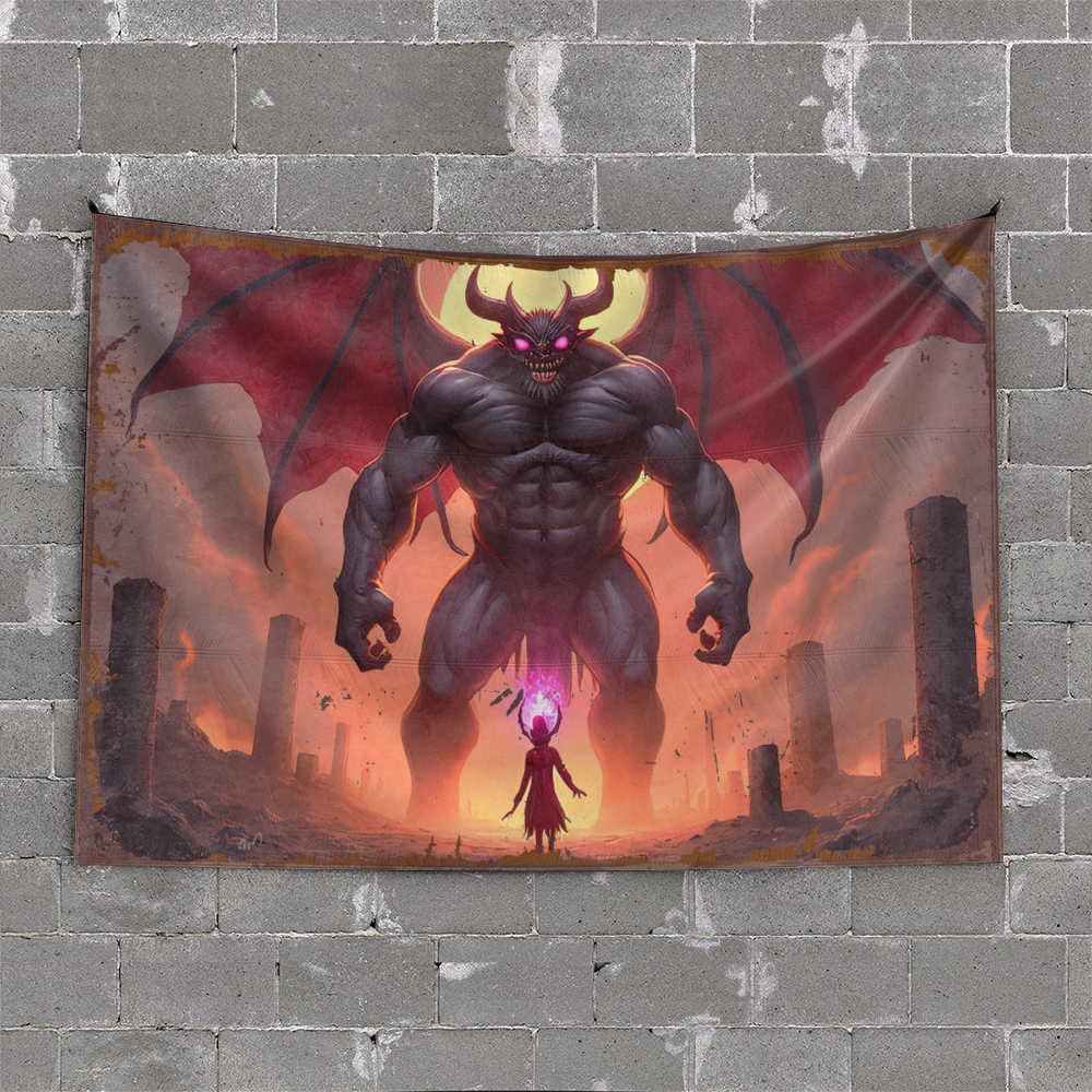 Funny Home Decor Devil'S Challenge: A Hero'S Stand Against The Giant Demon Tapestry Beer Decorations For Man Cave Aesthetic Stuff(75X100CM)