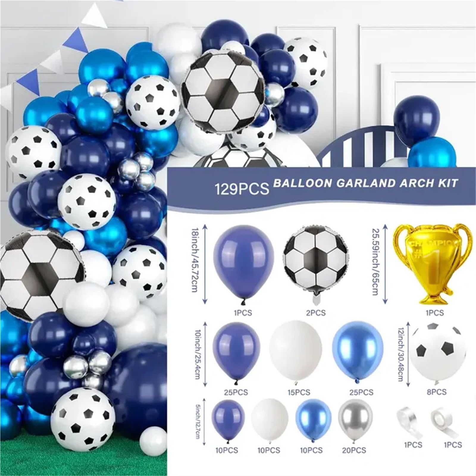 129 Uds. Kit de arco guirnalda globos látex azul nocturno con tema fútbol for decoración fiesta aniversario boda y cumpleaños Para Fiestas