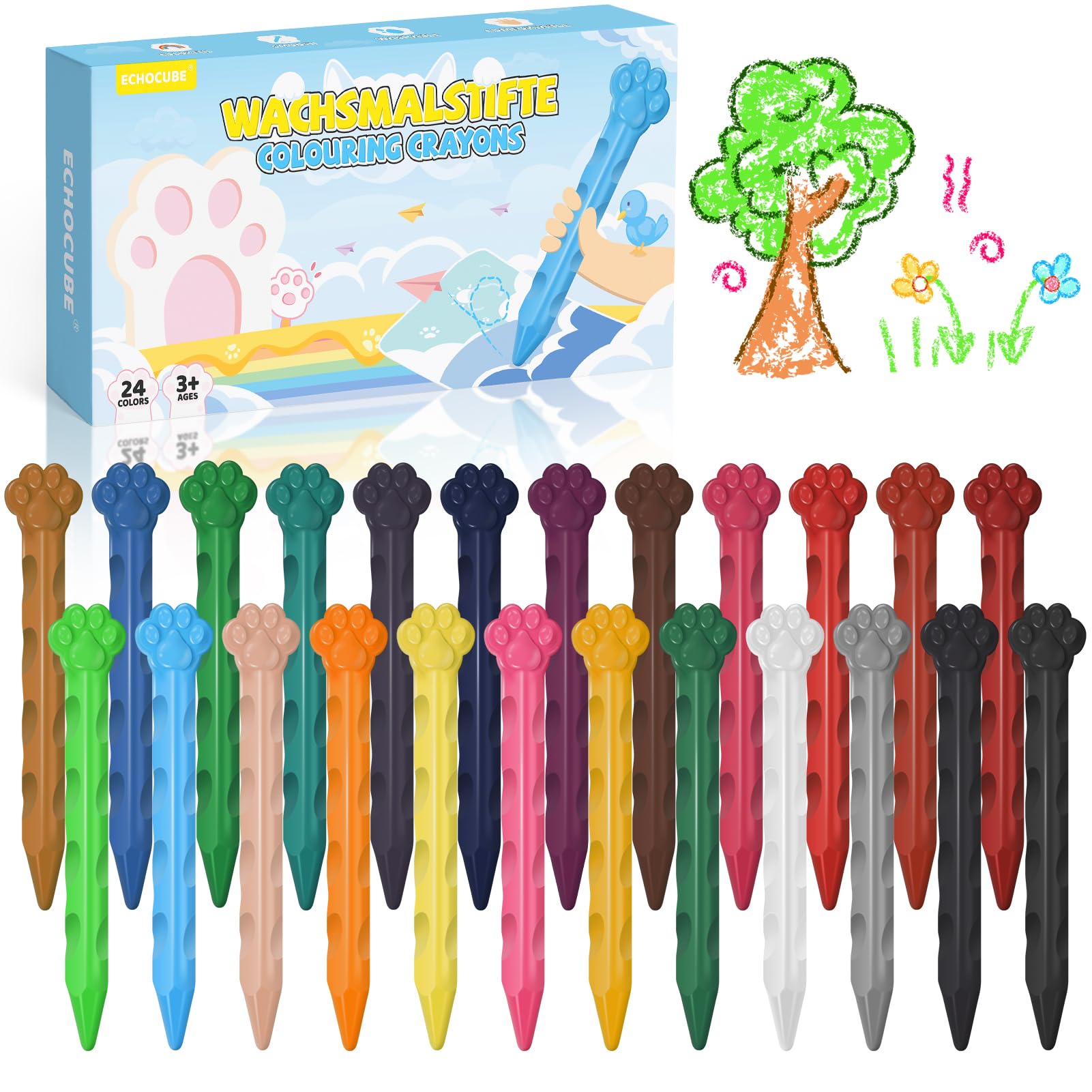 ECHOCUBE 24 Colors Crayons for Kids, Non Toxic Wax Crayons for Children Ages 3 and Up, Washable Coloring Crayons for Kids Arts & Crafts, Party Bags Fillers