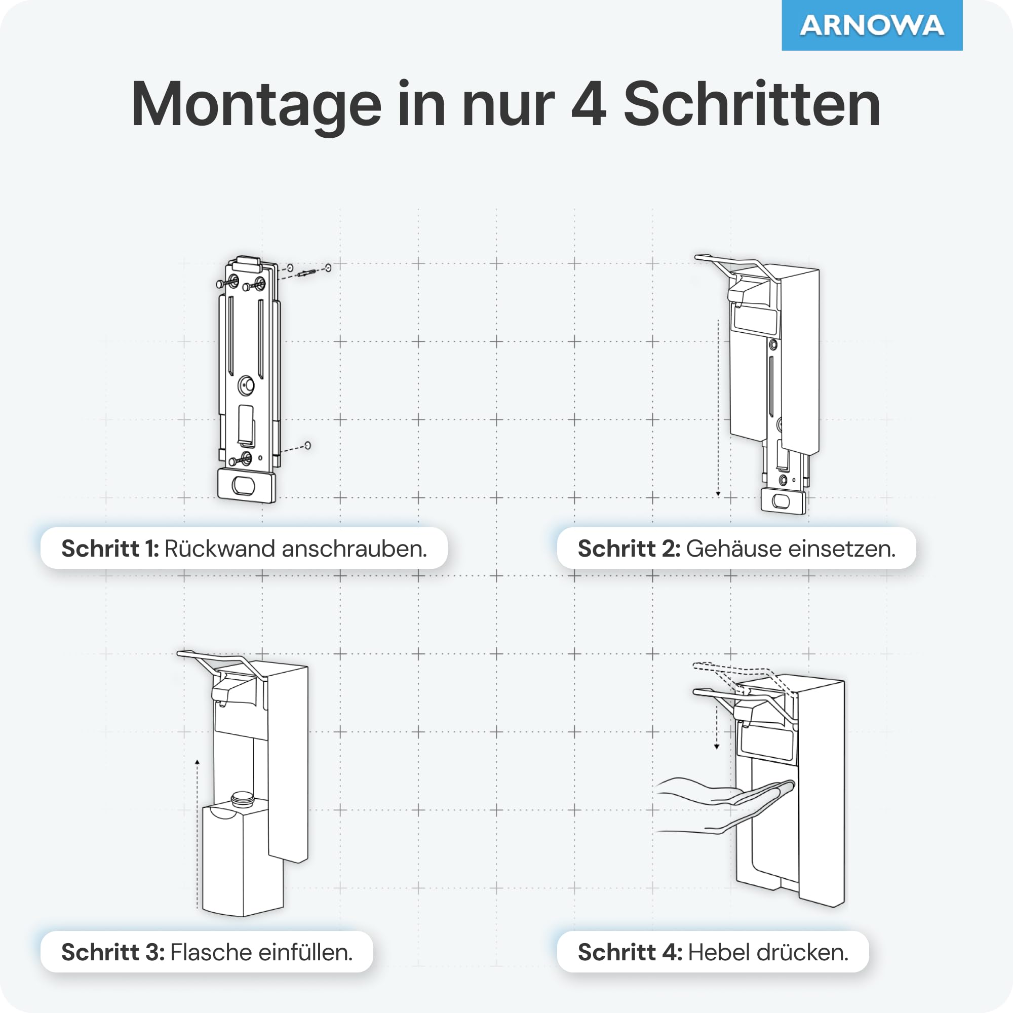 1x ARNOMED Desinfektionsspender Aluminium, Seifenspender für 500ml, kurzer Armhebel, Seifenspender zur Wandbefestigung, Eurospender für Desinfektionsmittel, Soap Dispenser, Desinfektionsmittelspender