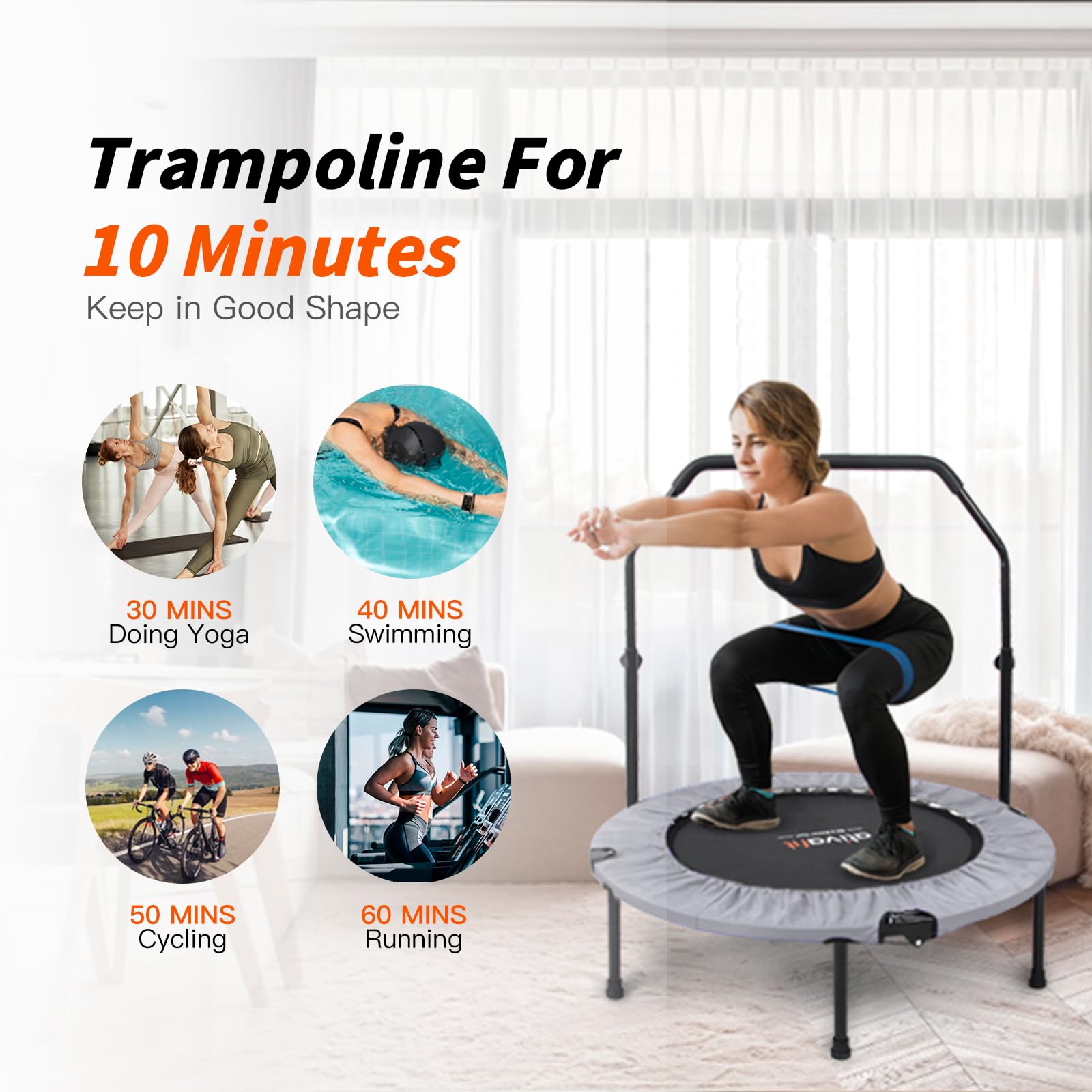 ATIVAFIT 40" Trampoline Pliable Mini rebondisseur d'exercice avec poignée en Mousse réglable Idéal pour l'entraînement de Fitness corporel intérieur/Jardin/entraînement
