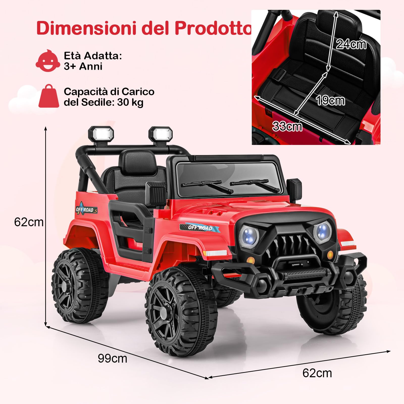 COSTWAY 12V Macchina Elettrica per Bambini 3 Anni+ | Auto Elettrica con Telecomando Luci Musica Clacson, 3 Velocità e Doppio Motore,Carico 30kg