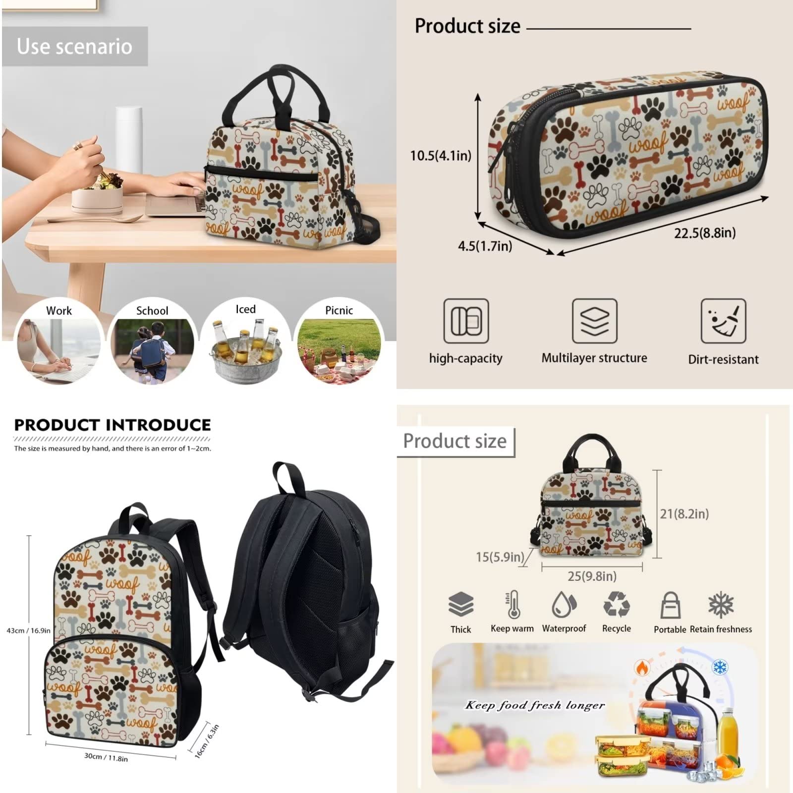 Juego de 3 bolsas de libros para niños y estudiantes, con lonchera y estuche para lápices, regalos para niños y niñas para el regreso a la escuela