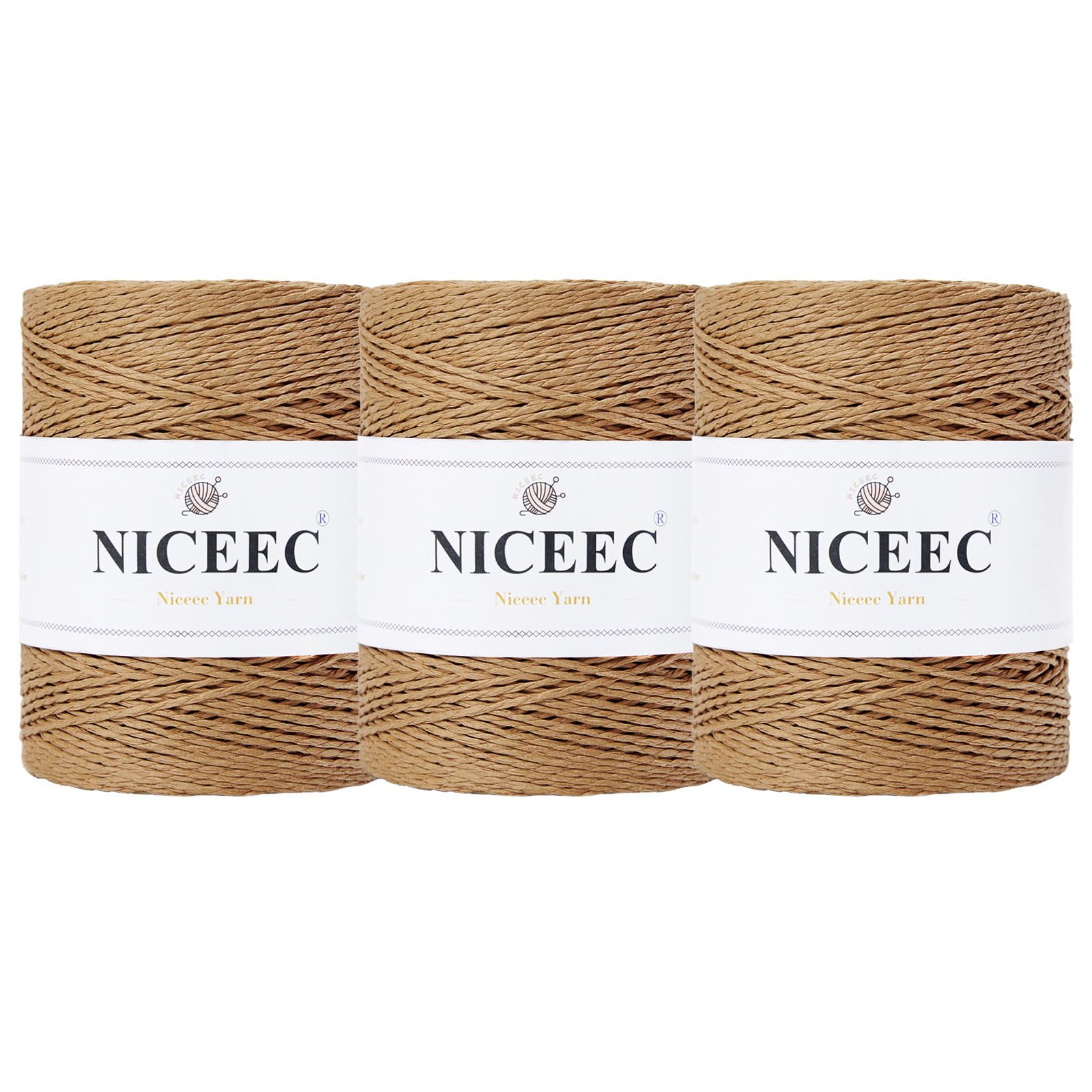 NICEEC 3 Skeins Paper Yarn for Crocheting -Easy Croceht, Raffia Yarn for Sun Hat & DIY Home Decor (Total 16oz/786yds) - Khaki