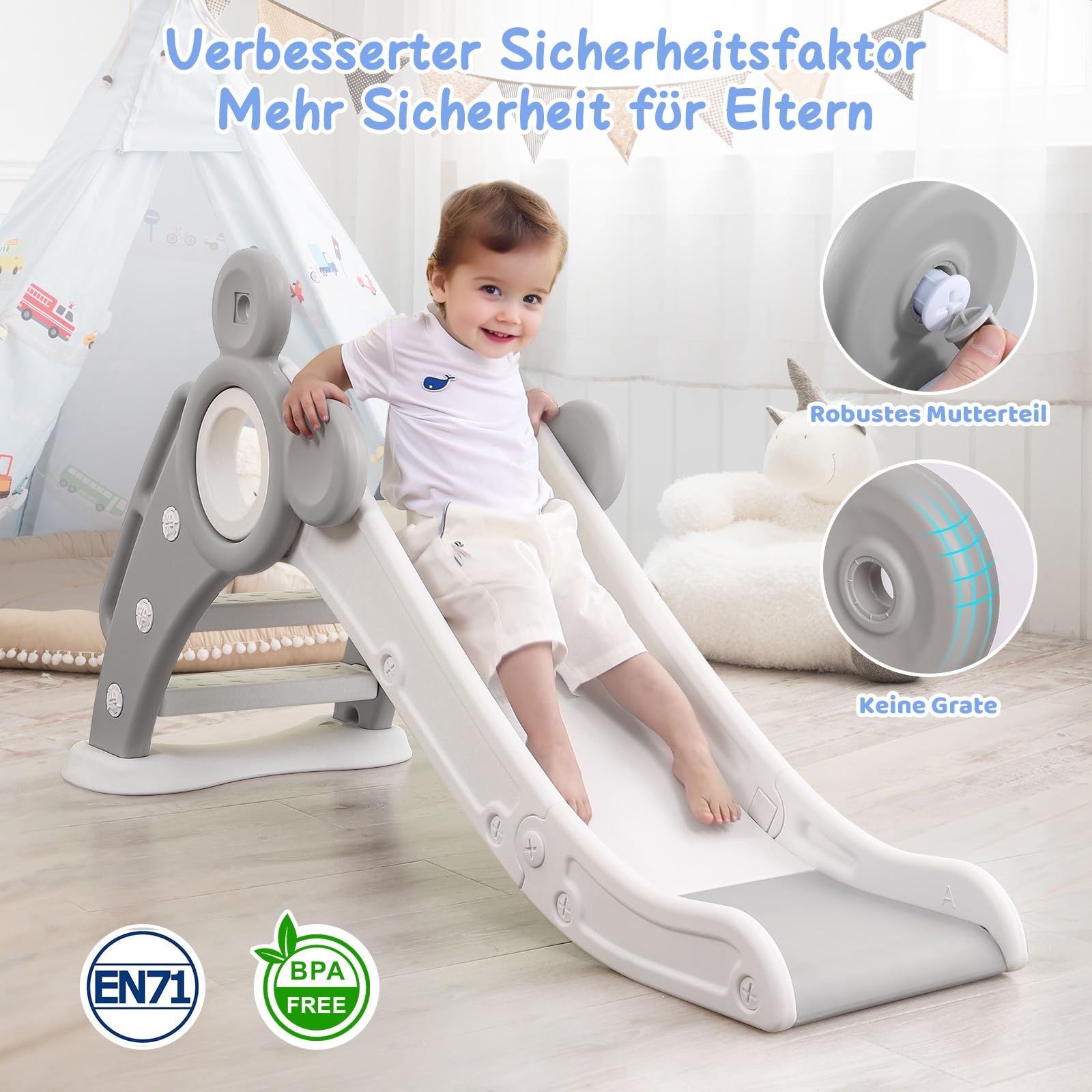 YOLEO Rutsche Kinder Fun-Slide mit Basketballkorb Faltbar Gartenrutsche für 2-3 Jahre Indoor Outdoor Grau