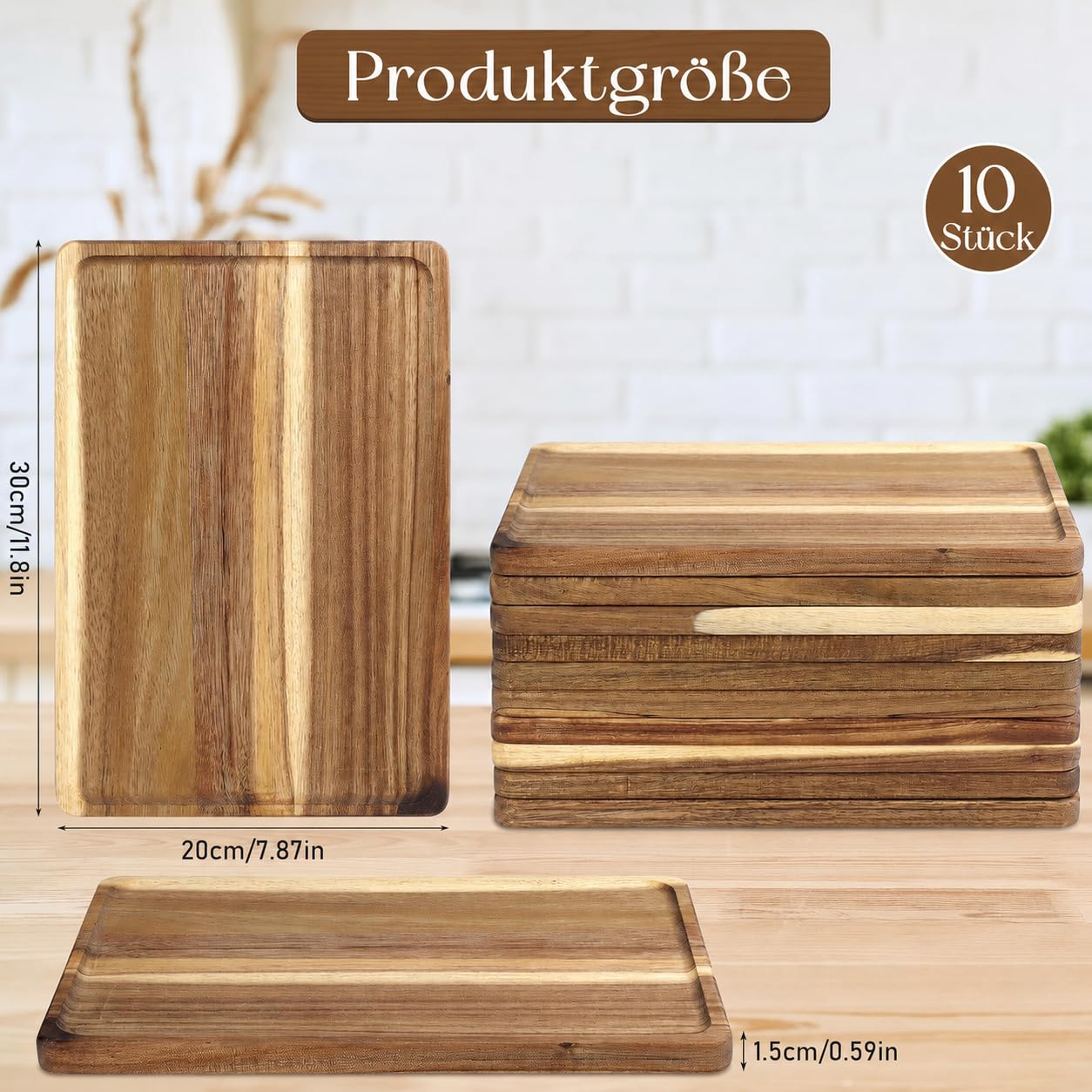 10er Set Servierbretter aus Akazienholz, Rechteckig, 30 x 20 cm
