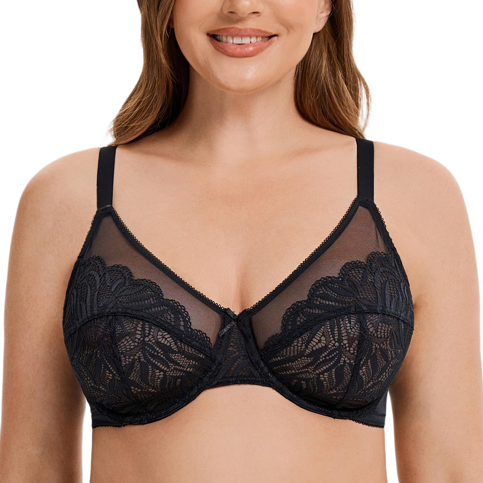 MELENECA Women's Minimizer Bras for Large Bust Underwire Plus Size Full Coverage Lace Bras Black 46F