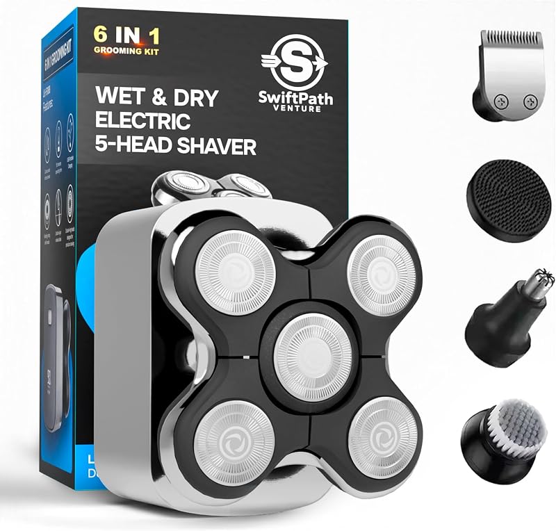 Barbeador elétrico rotativo 5D Swift Path Venture com kit 6 em 1, uso seco e molhado, USB-C e acessórios para barba, nariz e rosto