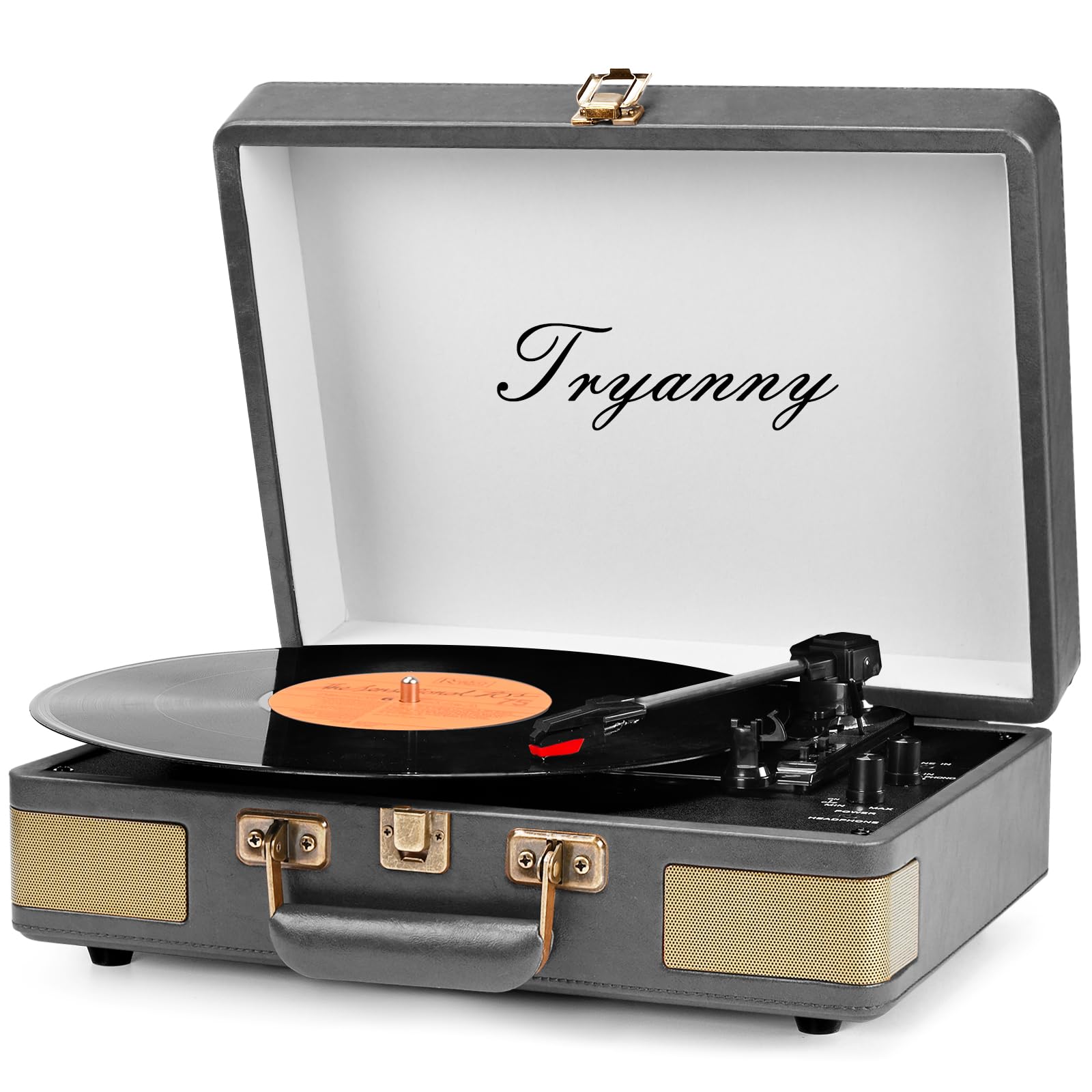 Trynnay Giradischi a 3 marce, lettore portatile in vinile con altoparlanti integrati, giradischi, audio migliorato, pelle PU, Retro Grey