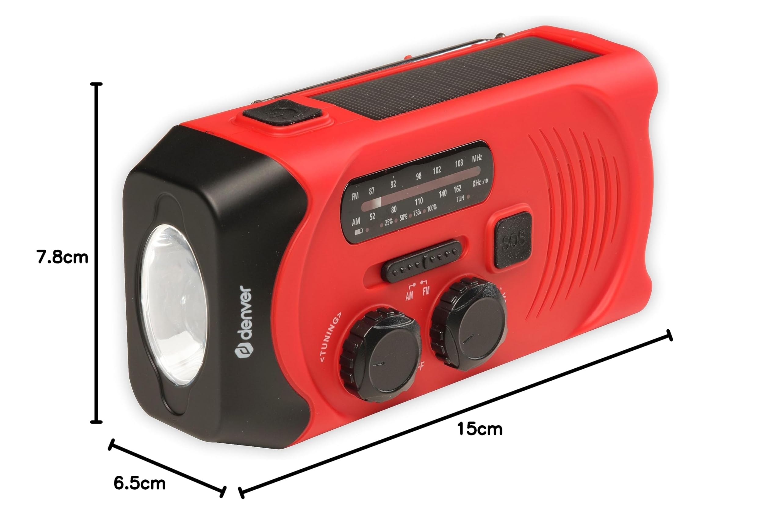 Denver SCR-2010MK2 Radio Solar de Emergencia con Manivela, Am/FM, Linterna LED 1W, Sirena SOS, Batería Recargable 2000 mAh, USB-C/USB-A, Funciona con Pilas AAA, para Apagones y Camping