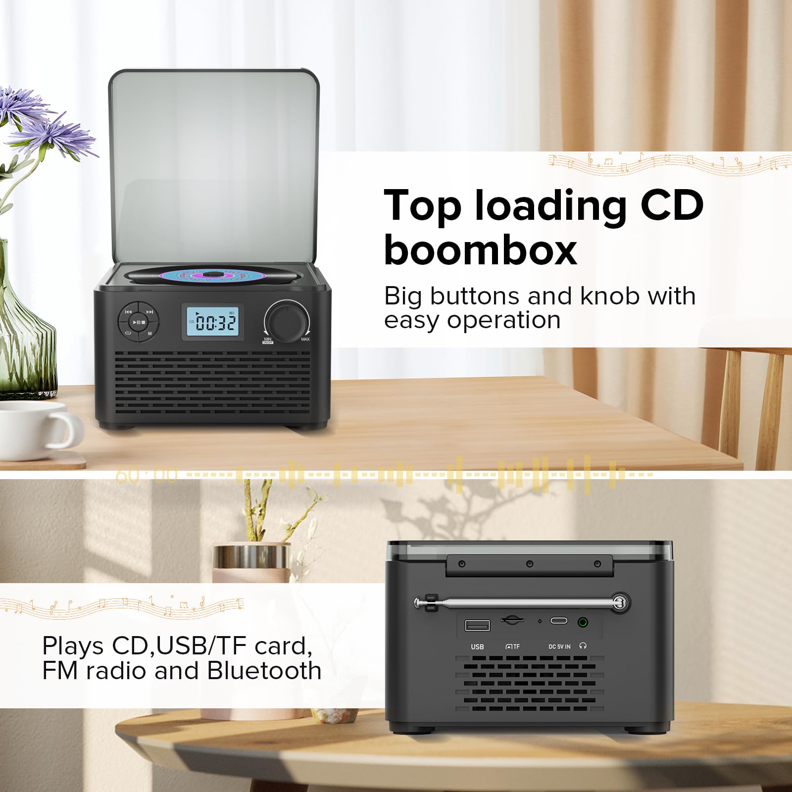 Reproductor de CD con radio FM, conectividad Bluetooth, soporte USB/TF, sonido estéreo, canal 2.0, diseño portátil, batería de 4000 mAh