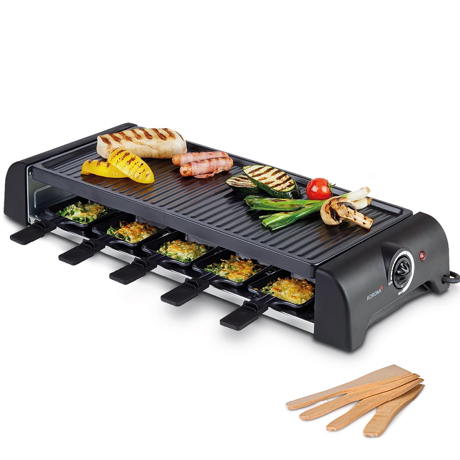 Korona 45060 Raclette per 10 persone | Raclette XXL con 10 padelle e spatole in legno | piastra antiaderente | cavo lungo 1,2 m | 1500 Watt, nero