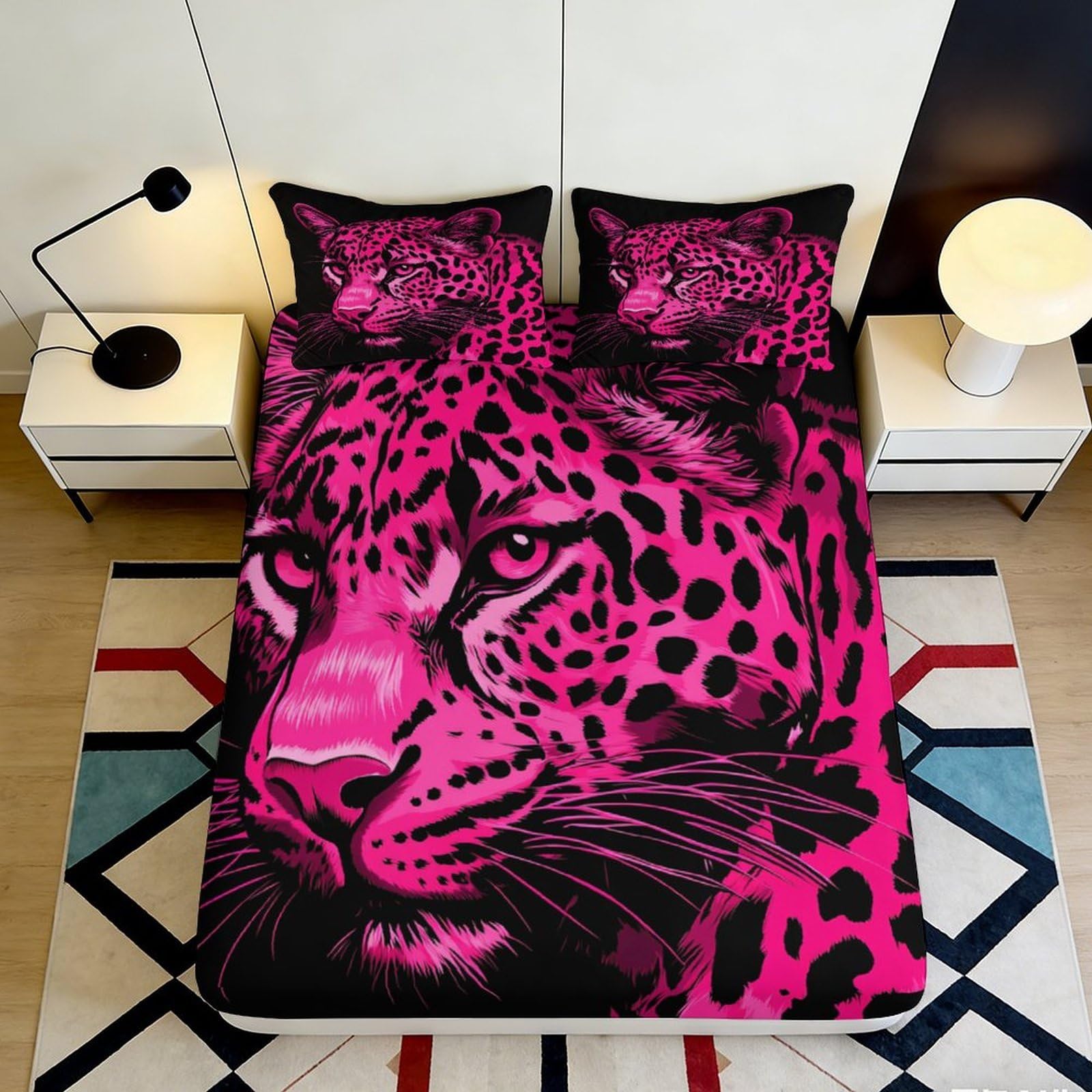 3D Printed Pink Leopard Fitted Sheet Microfiber Soft Breathable Wild Cat Bed Cover for Bedroom Dorm Decor 90x200x25cm