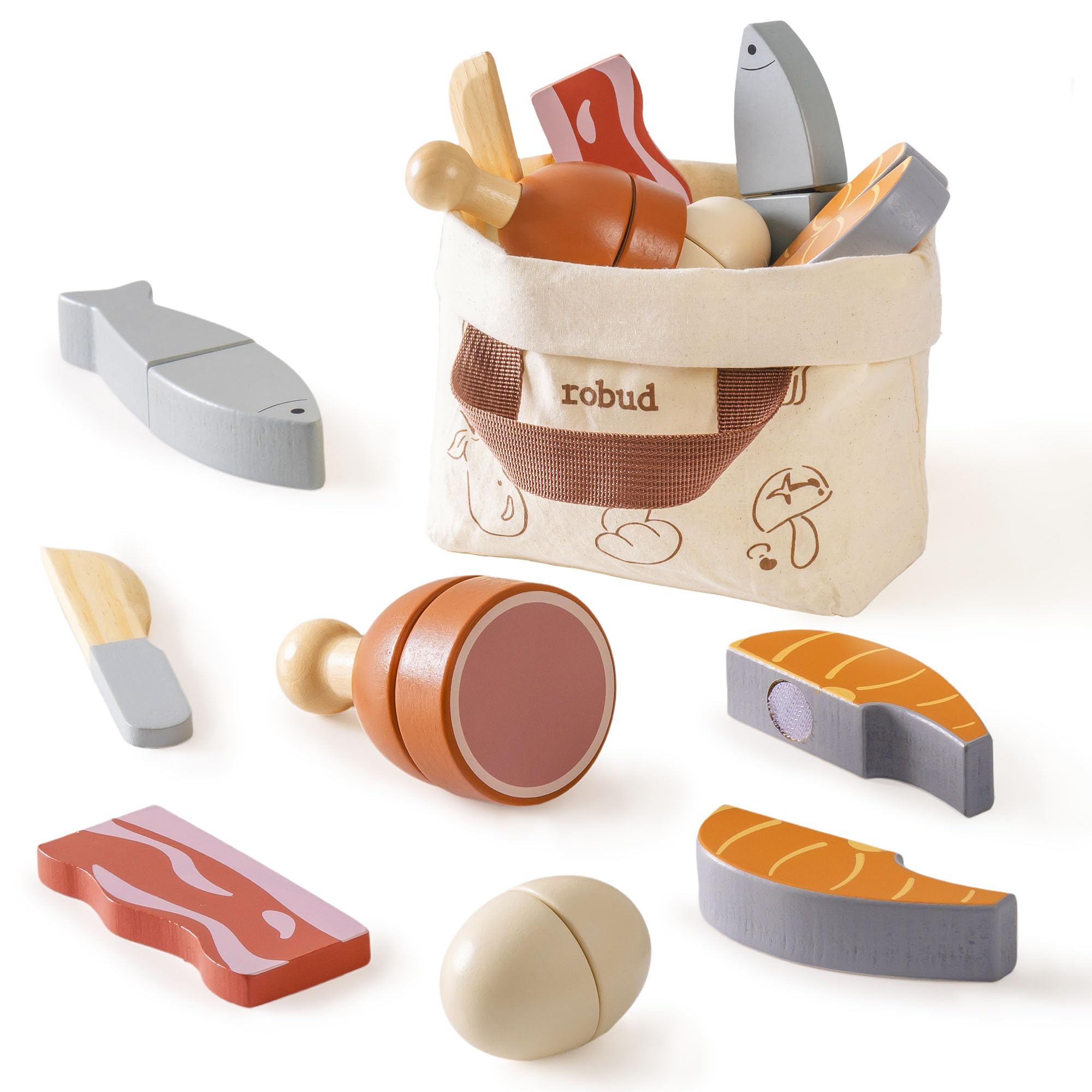 ROBUD Wooden Play Food Set, Cutting Toy Food for Pretend Kids Play Kitchen Accessories Toy Food with Storage Bag, Toys Gifts for 3+ Year Old Girls
