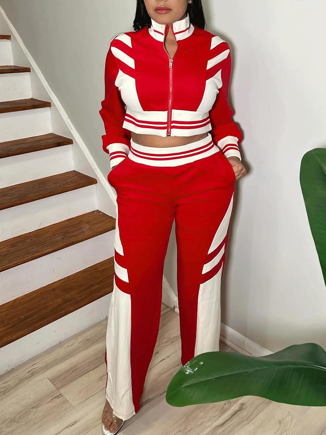 KANSOON Track Suits for Women Set Two Piece Color Block Zip up Crop Jacket Wide Leg Sweatpants Outfit