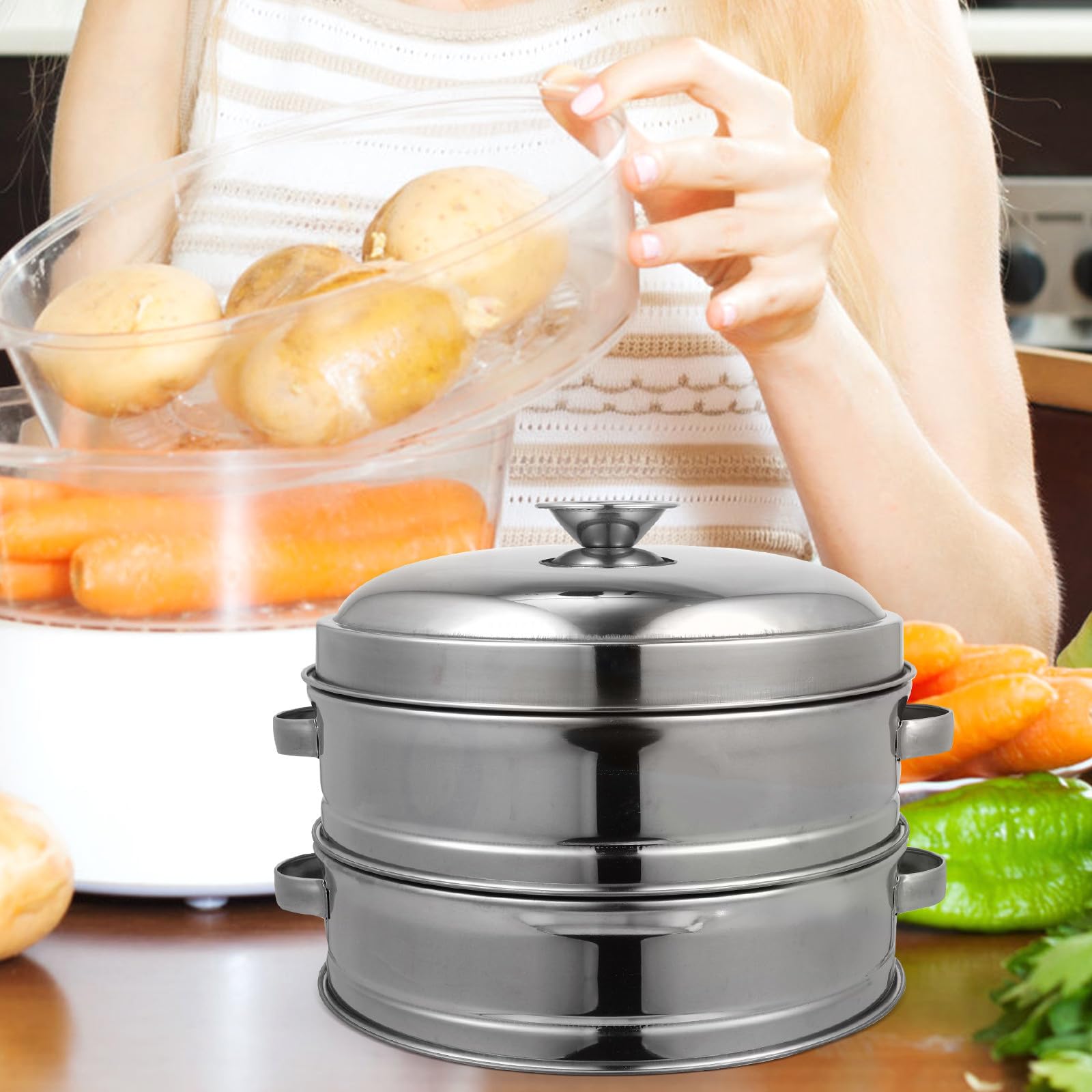 Panier Vapeur Inoxidable 20 Cm avec Poignées Lot 2 Paniers Vapeur pour Légumes et Petits Pains 1 Couvercle Compatible Autocuiseur Accessoire la Cuisine Alimentaire Pratique