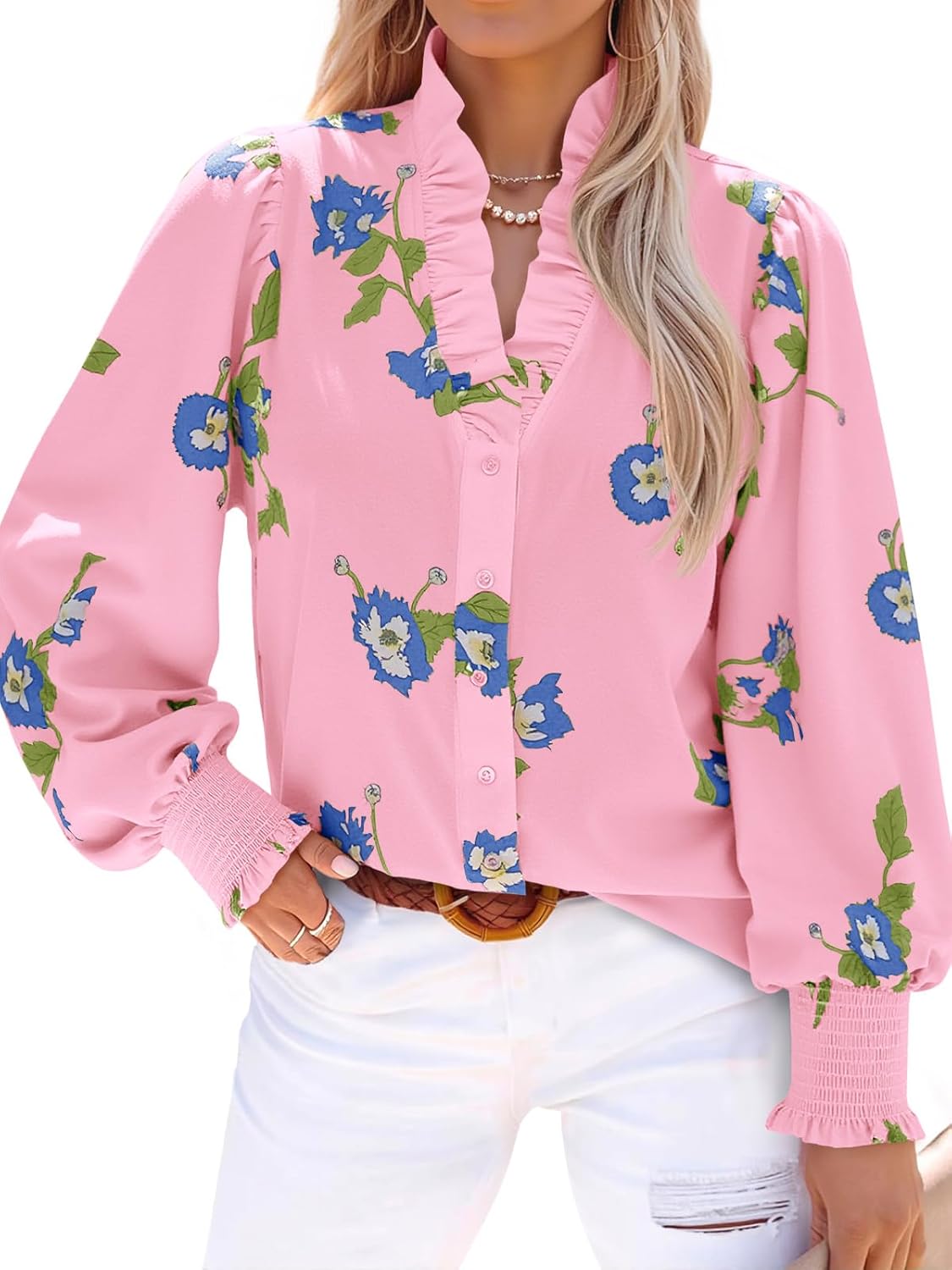 Tankaneo Womens Floral Ruffle Blouses Dressy Casual Long Puff Sleeve Boho Tops V Neck Button Down Shirts