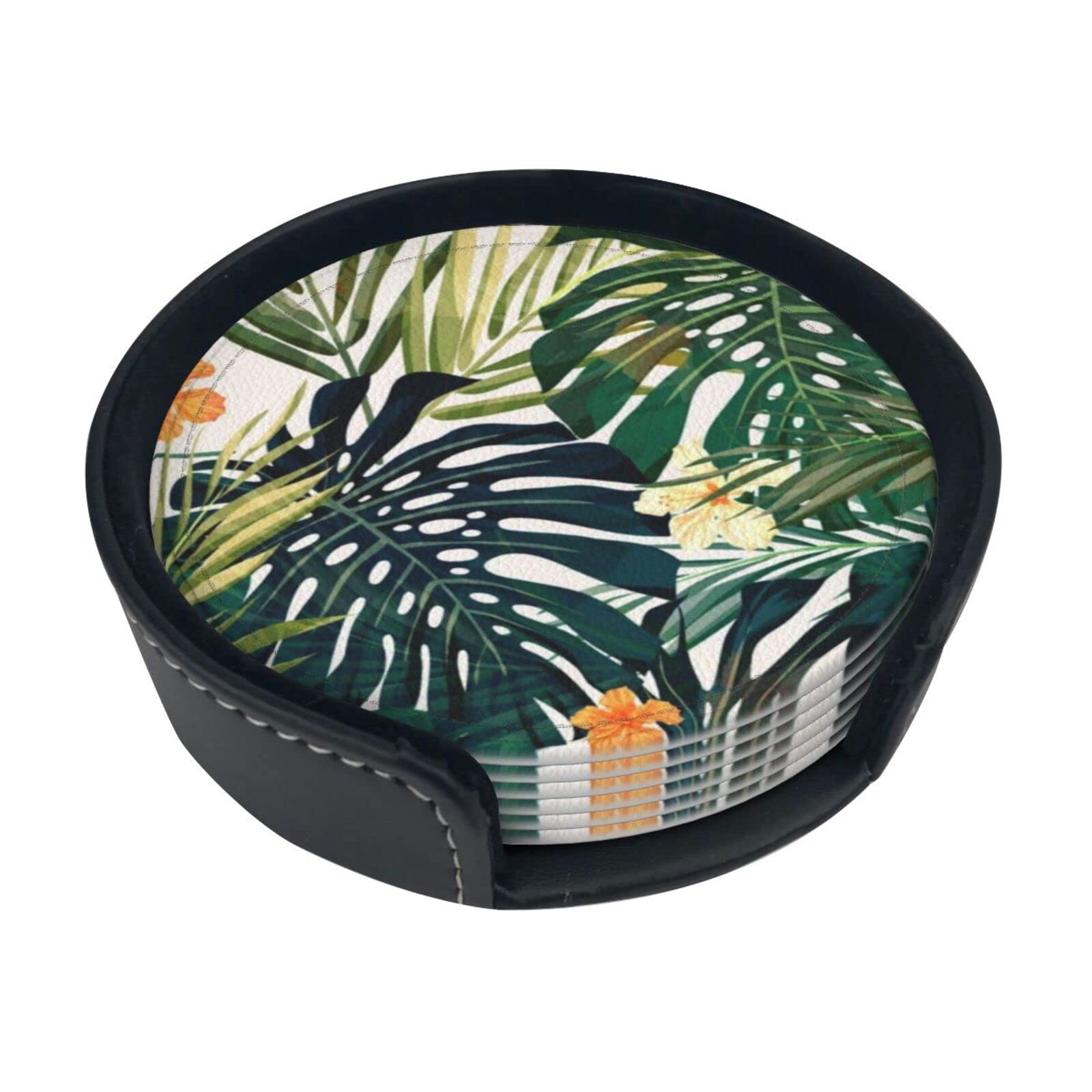 Tropical Summer Hawaiian Flower Palm Leaves Drink Coasters Set Of 6, Leather Coaster With Holder, Suitable For Kinds Of Cups, Wooden Table, Home Decor, 3.9 Inches