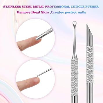 Cuticle Remover Tool,Dual Ended Nail Cuticle Pusher with Beveled & Loop Head Nail Scraper for Salons Or Home Use(1Remover +2Sandpapers+1Leather Case)