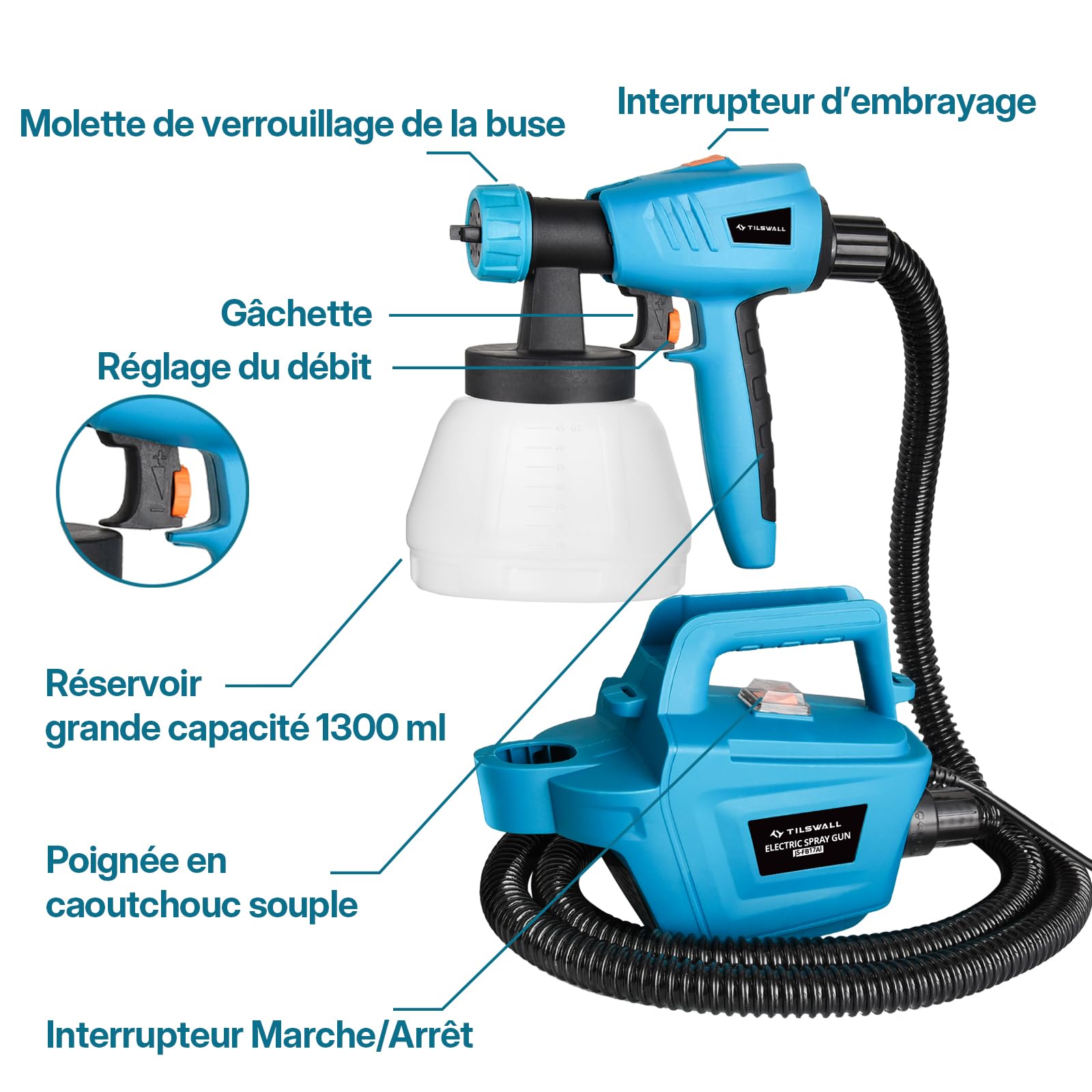 Tilswall Pistolet a Peinture, 800W Pistolet Peinture Electrique,1300ML Récipient Détachable,3 Buses et 3 Motifs, Facile à Pulvériser et Propre pour Maison, Armoires, Clôtures, Plafonds